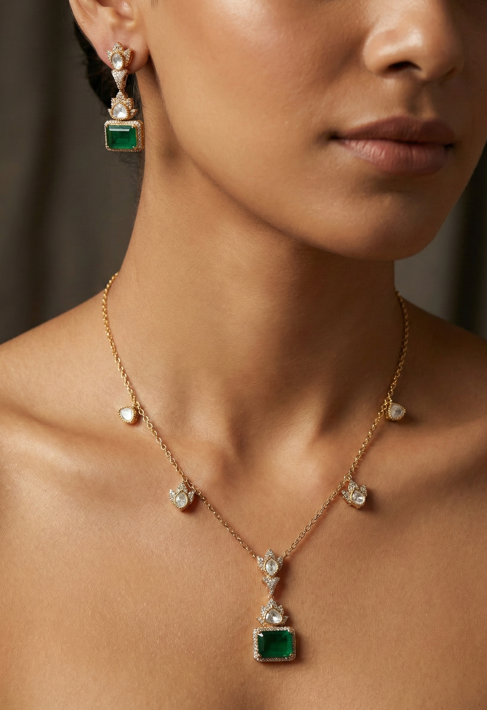 Emerald Green Kundan Chain Necklace Set