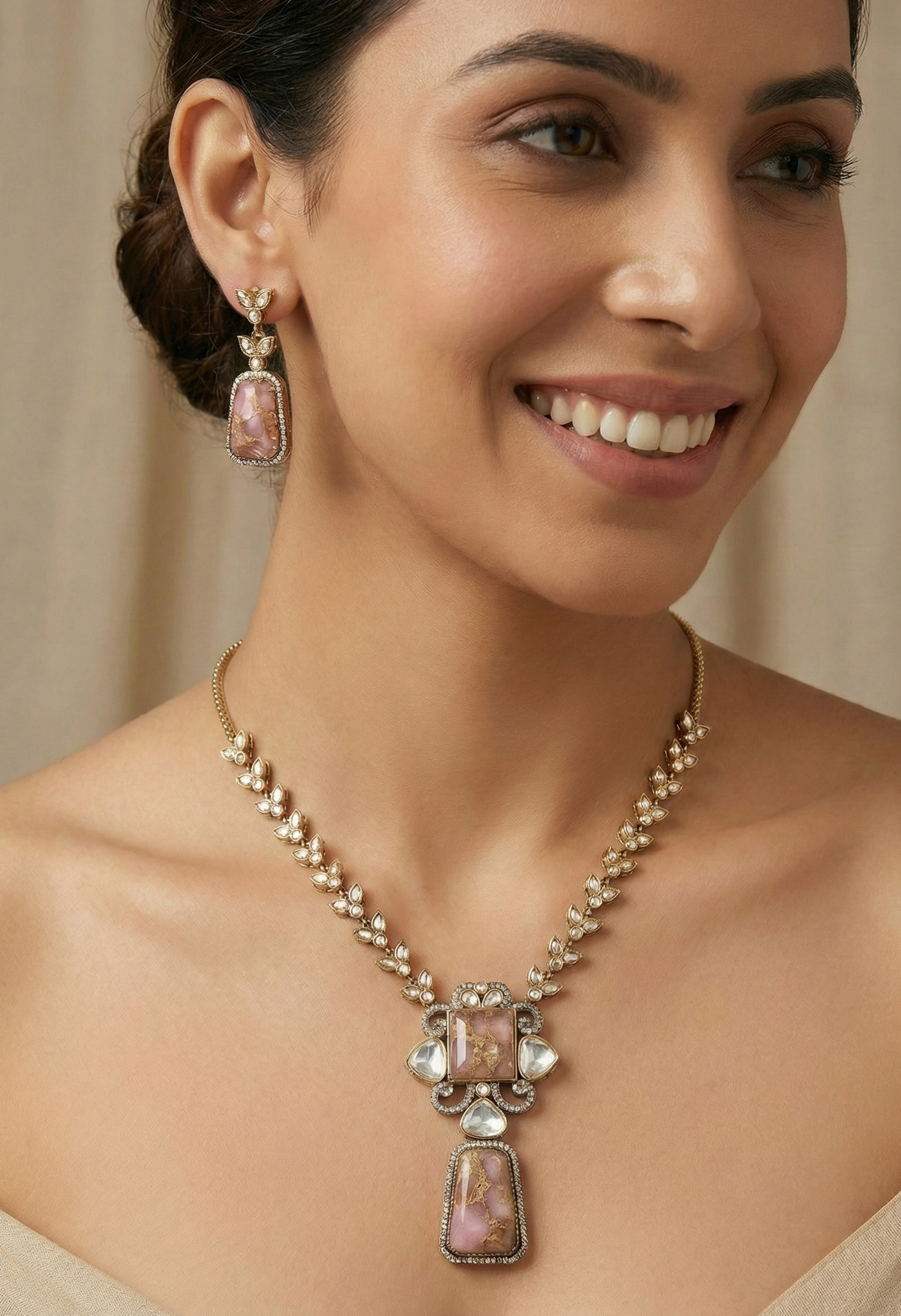 Pink Doublet Stone Long Necklace With Earrings