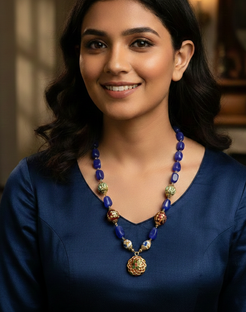 Jadau Beaded Blue Necklace Set