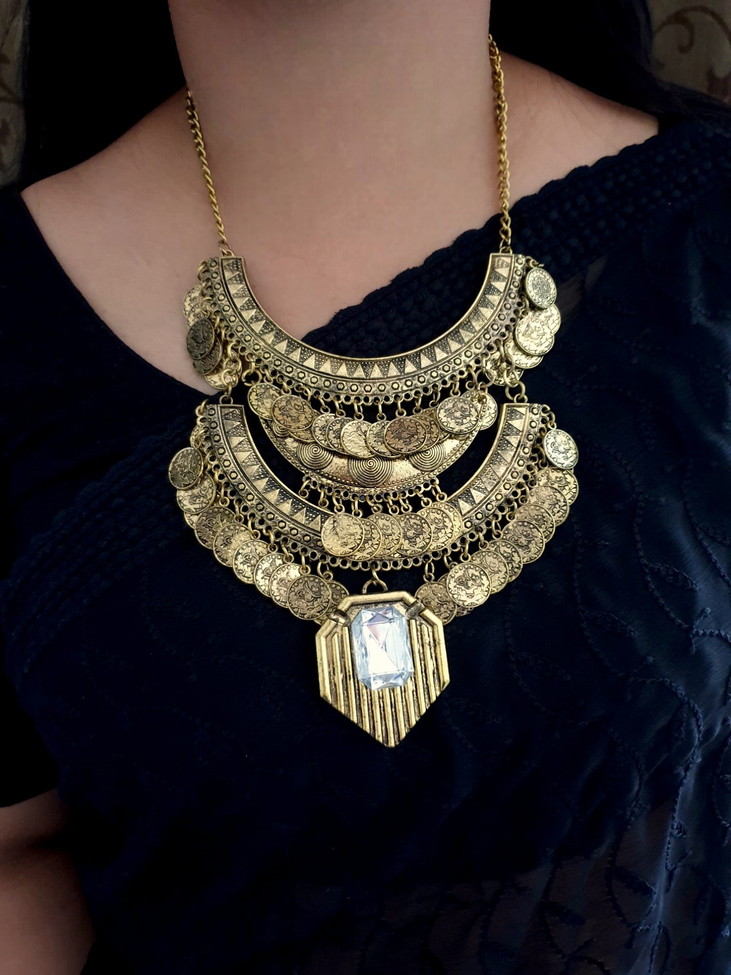 Gold Tone Long Chain Necklace With White Stone