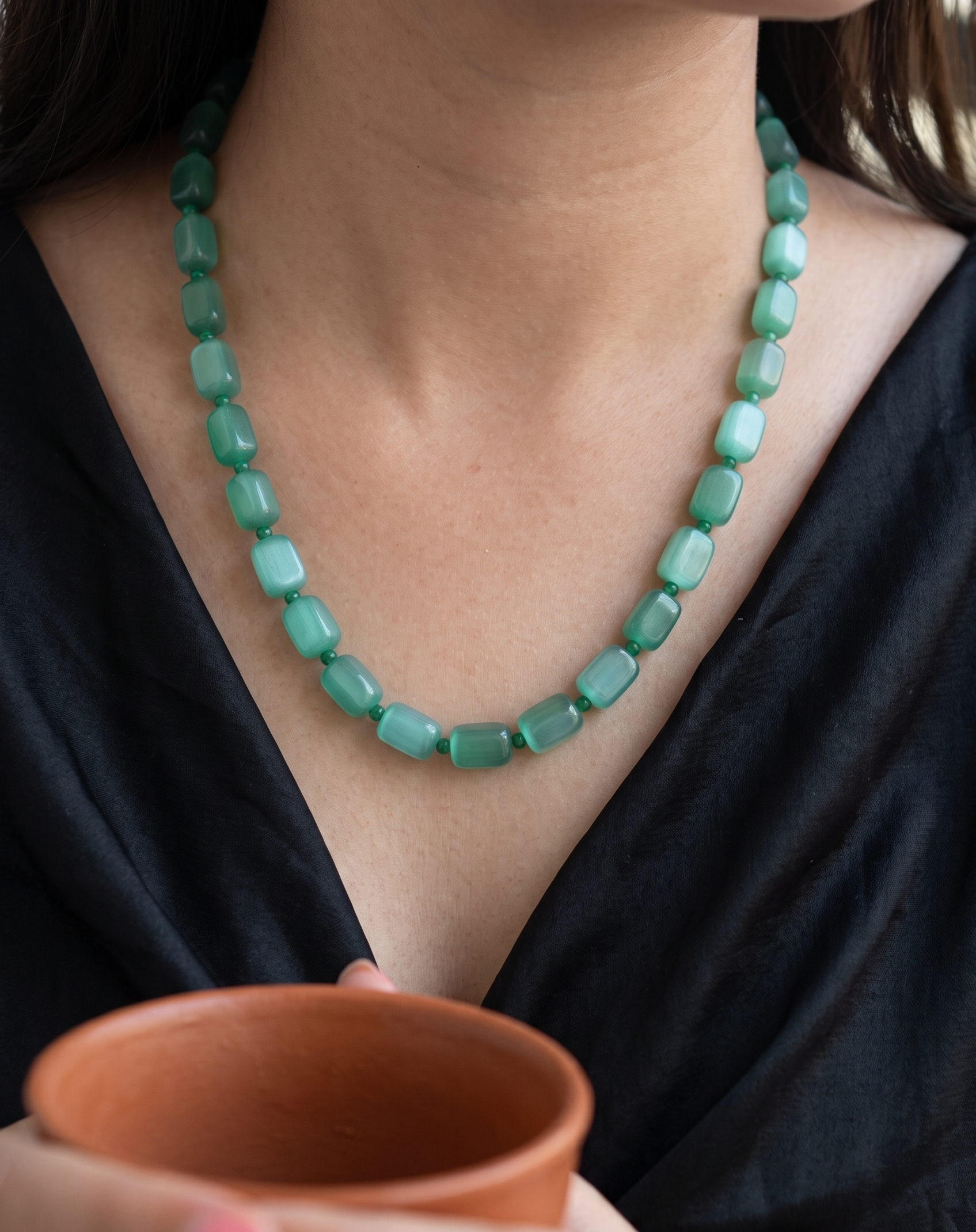 Sania Teal Green Stone Necklace Mala