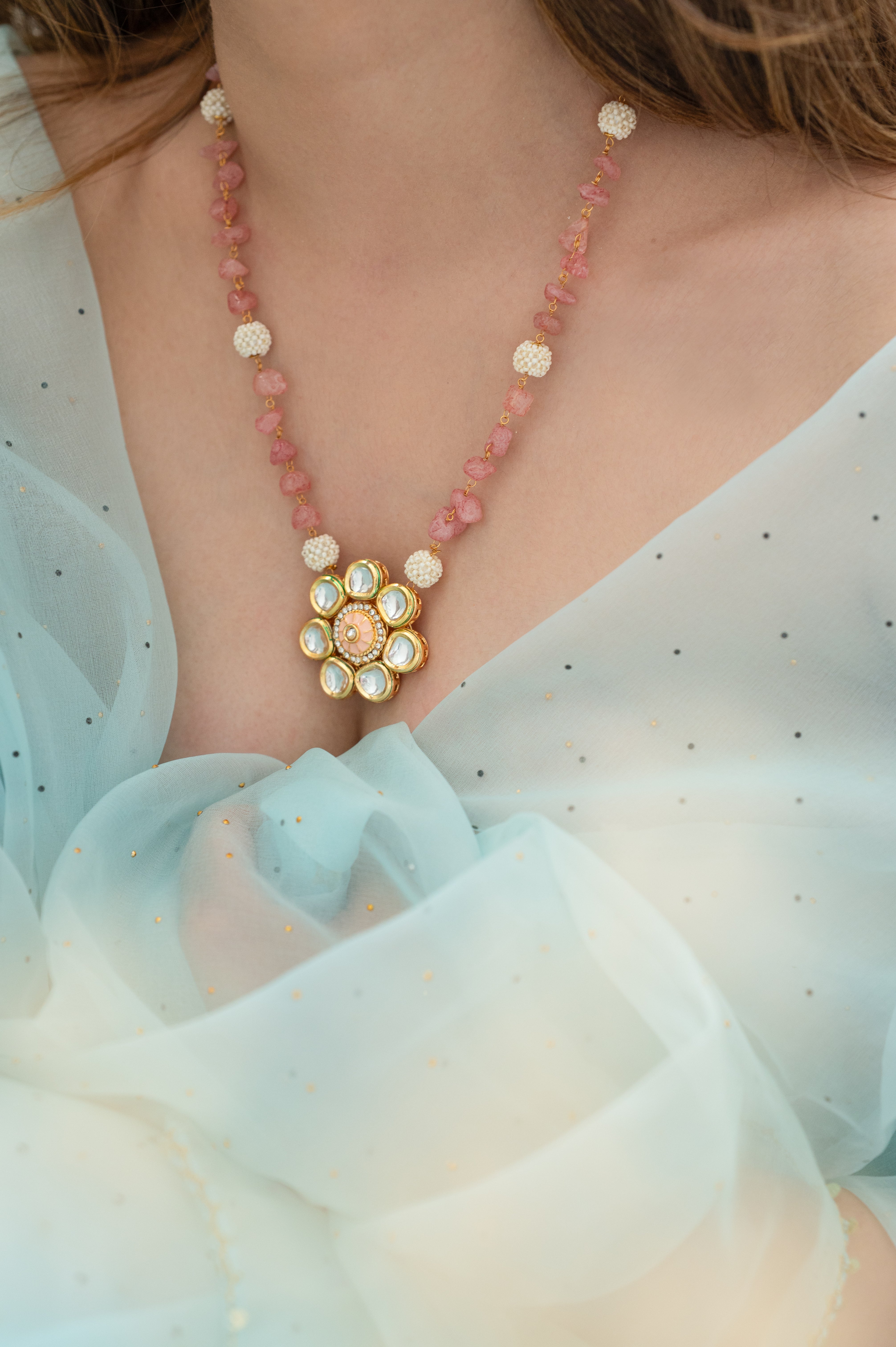 Pink Stone Kundan Meenakari Beaded Pendant Set