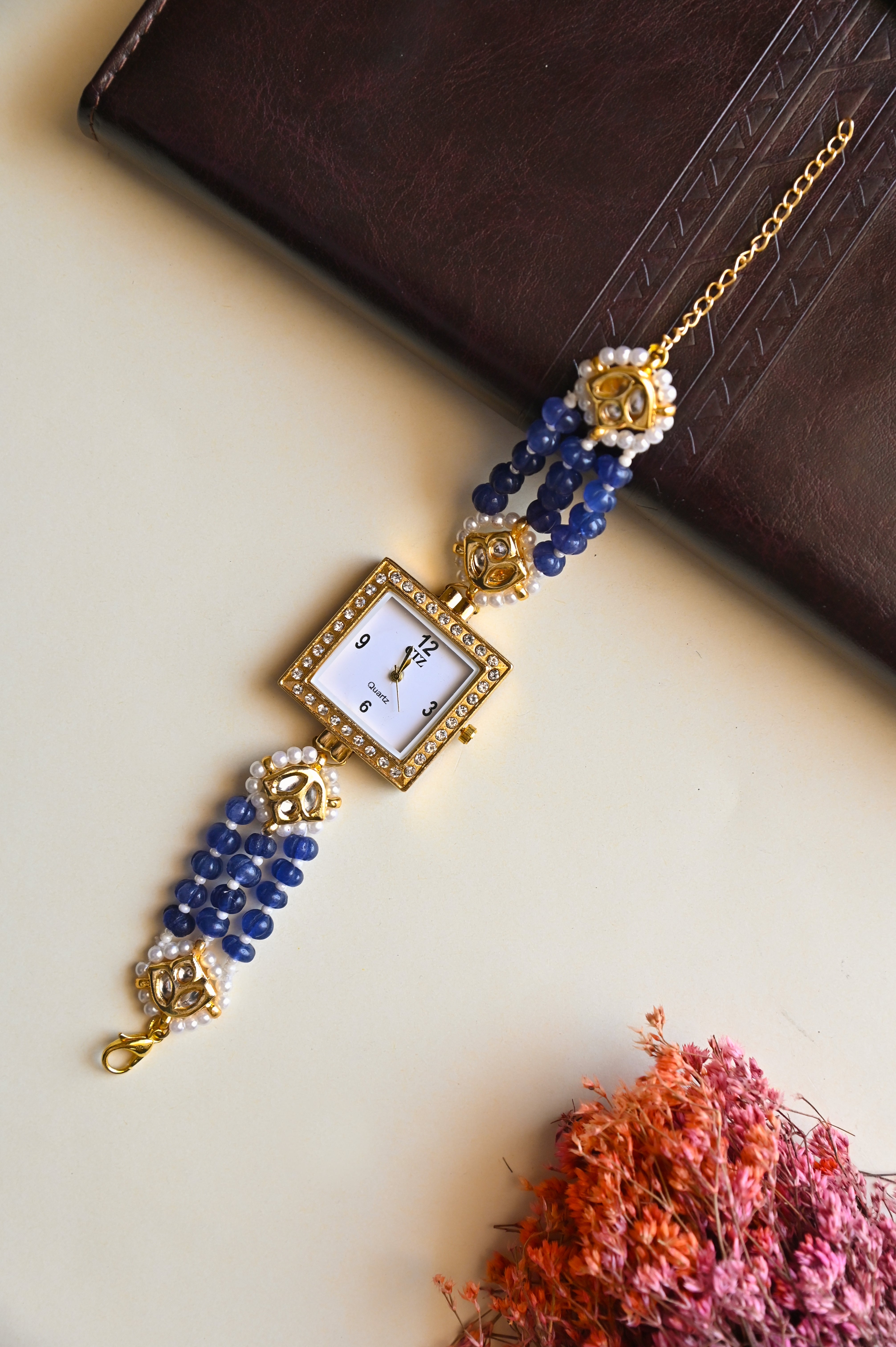 Blue Pumpkin Beads Kundan Wrist Watch