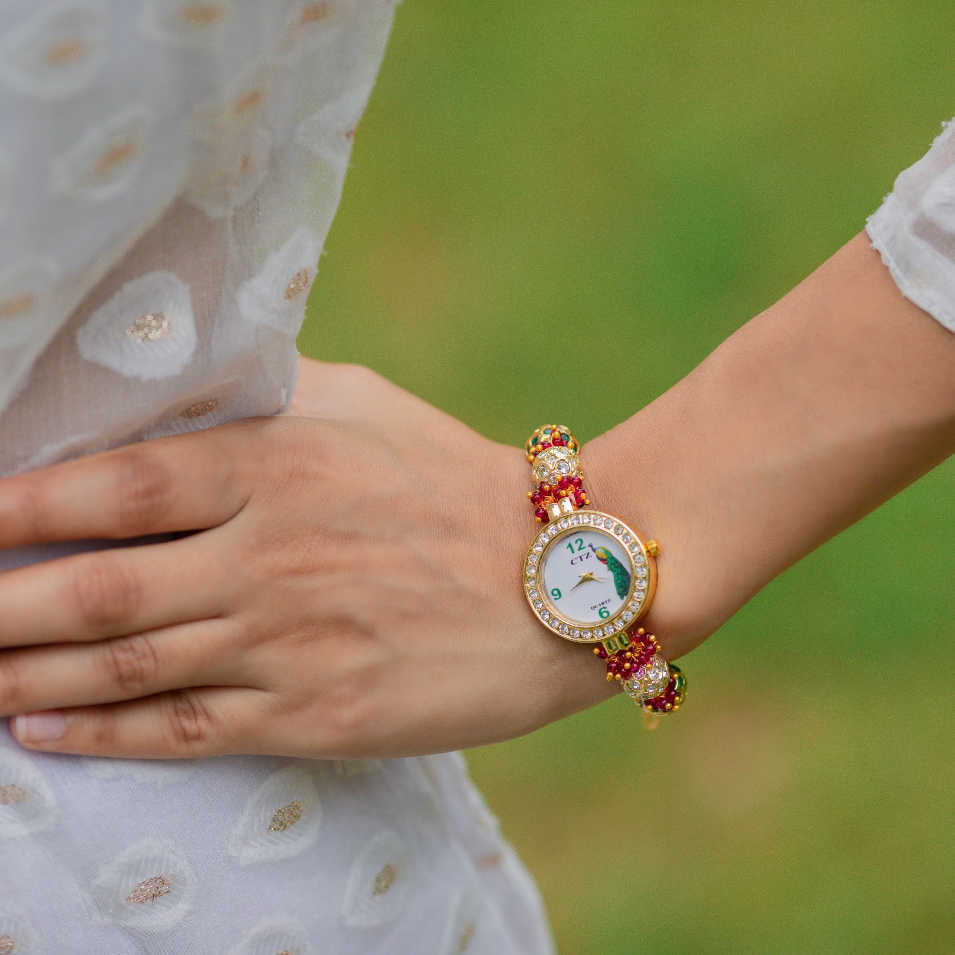 Jadau Beads Peacock Wrist Watch
