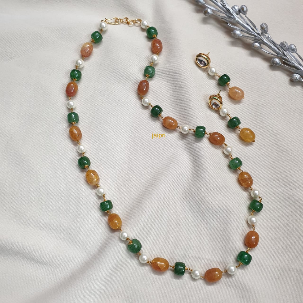 Orange Green Stone Beads Pearl Long Mala