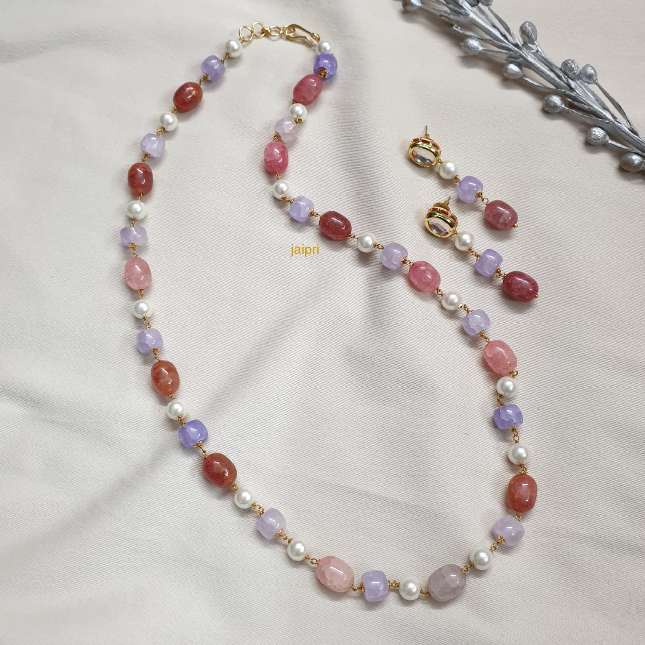Purple Red Stone Beads Pearl Long Mala