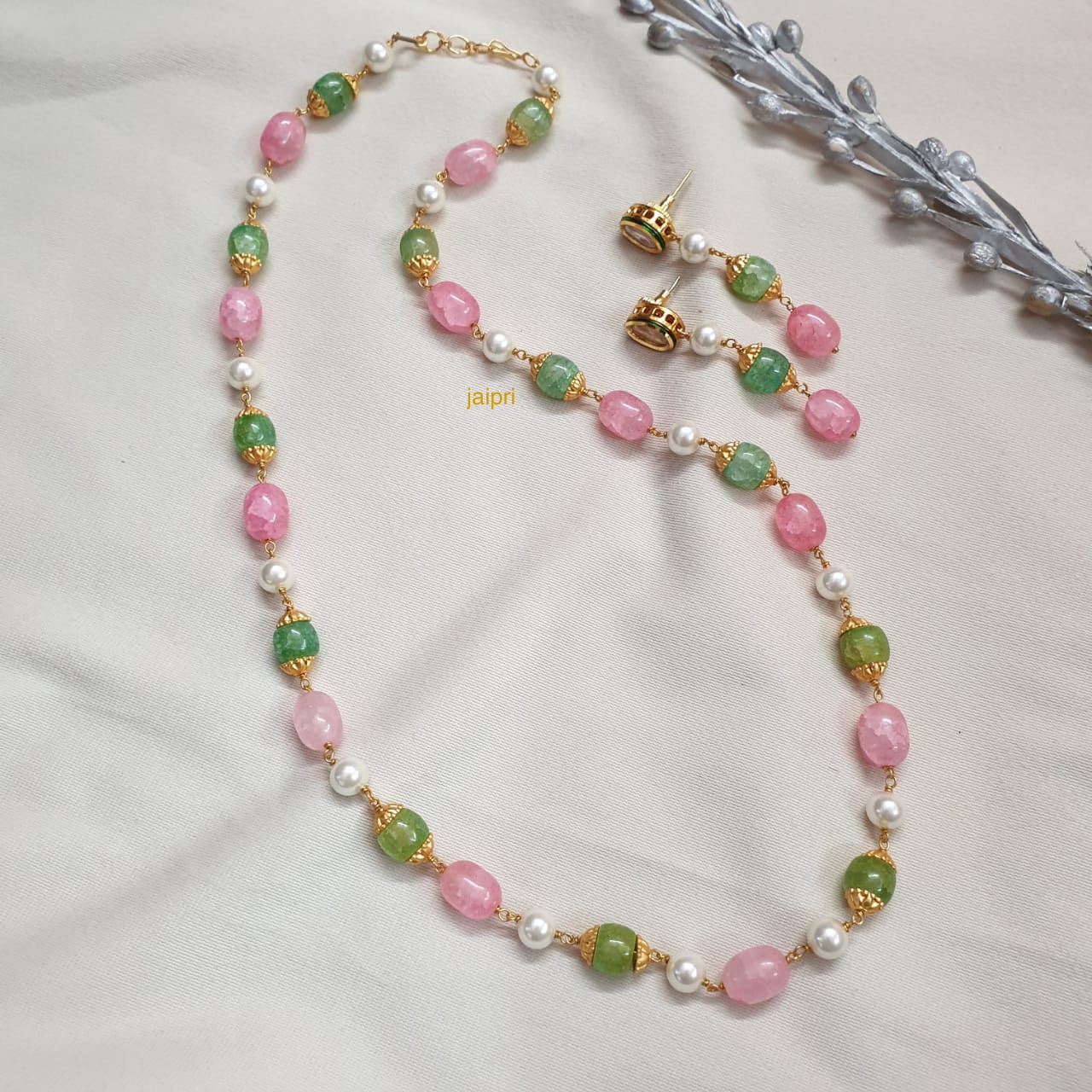 Green And Baby Pink Stone Beads Pearl Long Mala