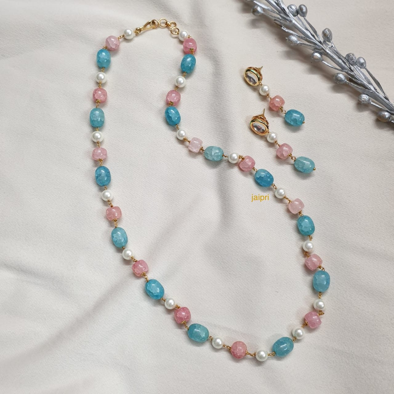 Pink Blue Stone Beads Pearl Long Mala