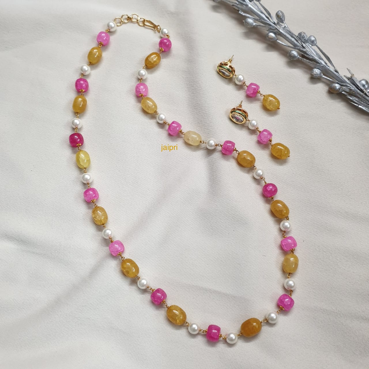 Yellow Pink Stone Beads Pearl Long Mala
