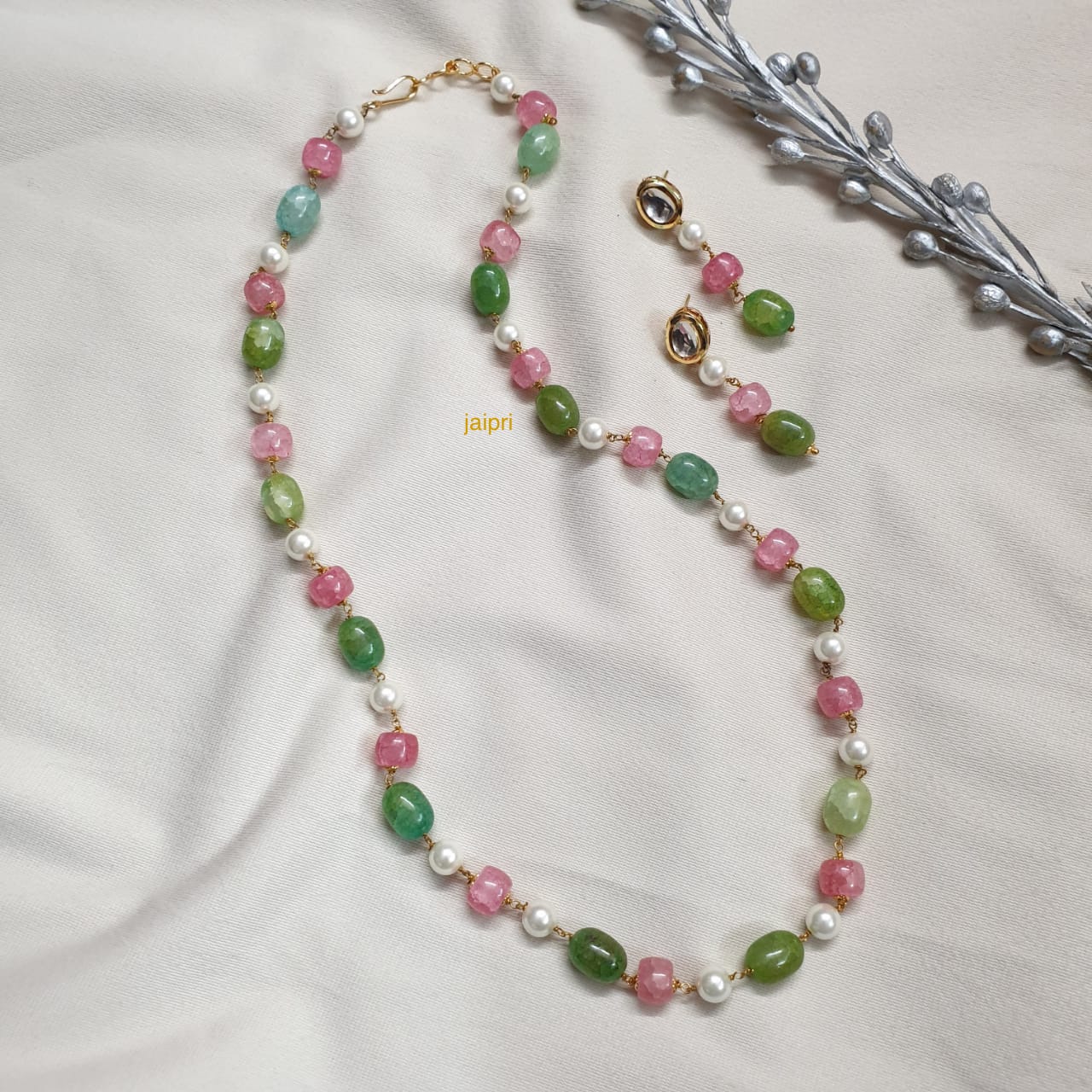 Green Pink Stone Beads Pearl Long Mala