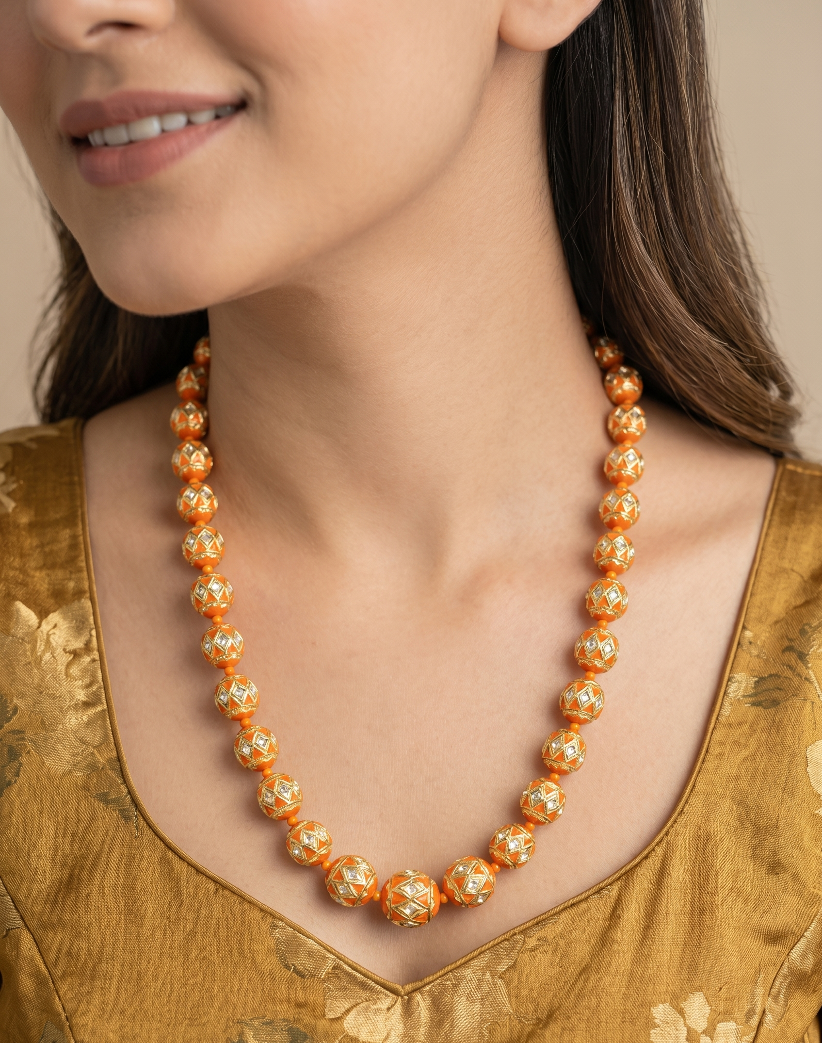 Orange Meenakari Beaded Necklace With Earrings