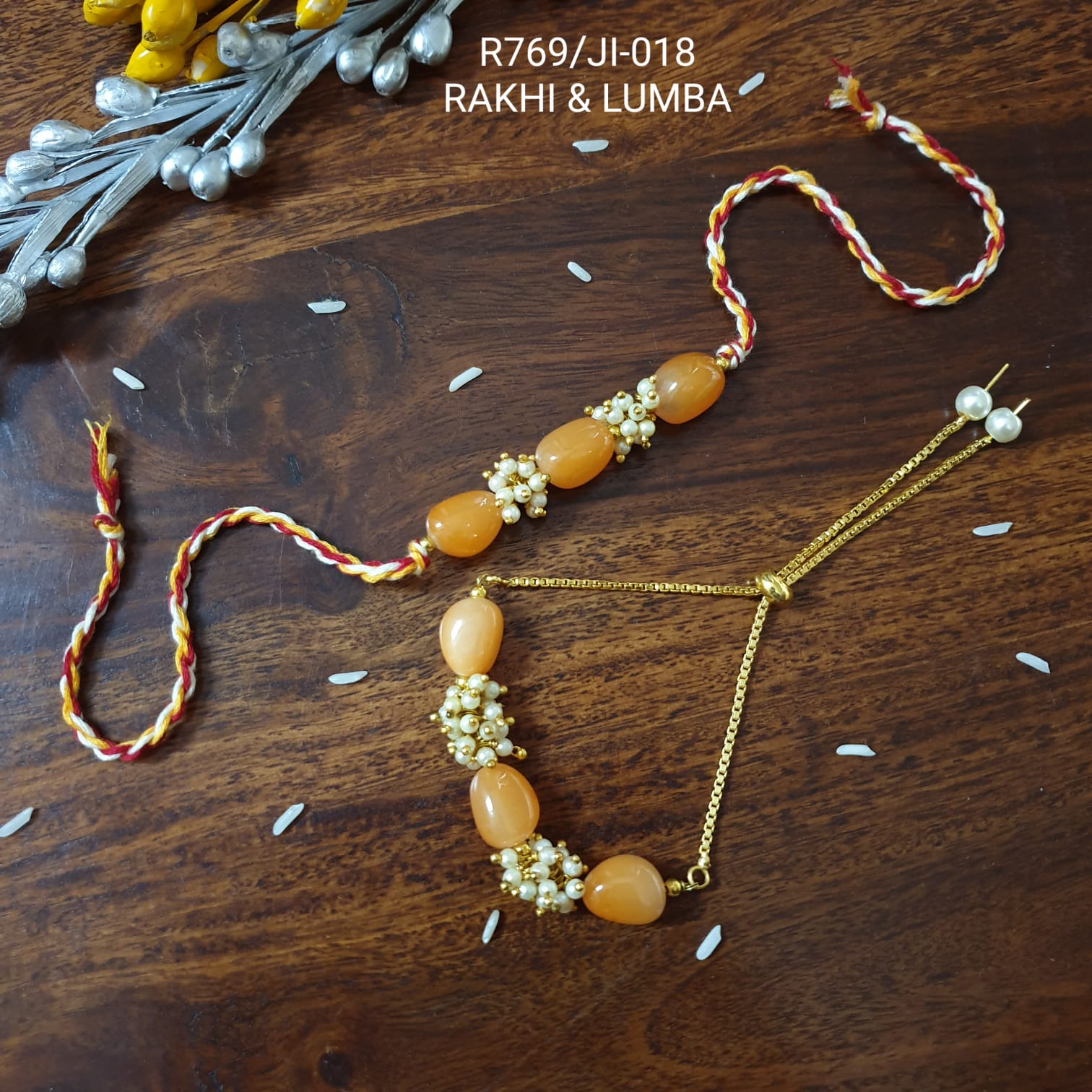 Orange Stone Pearl Rakhi For Couples