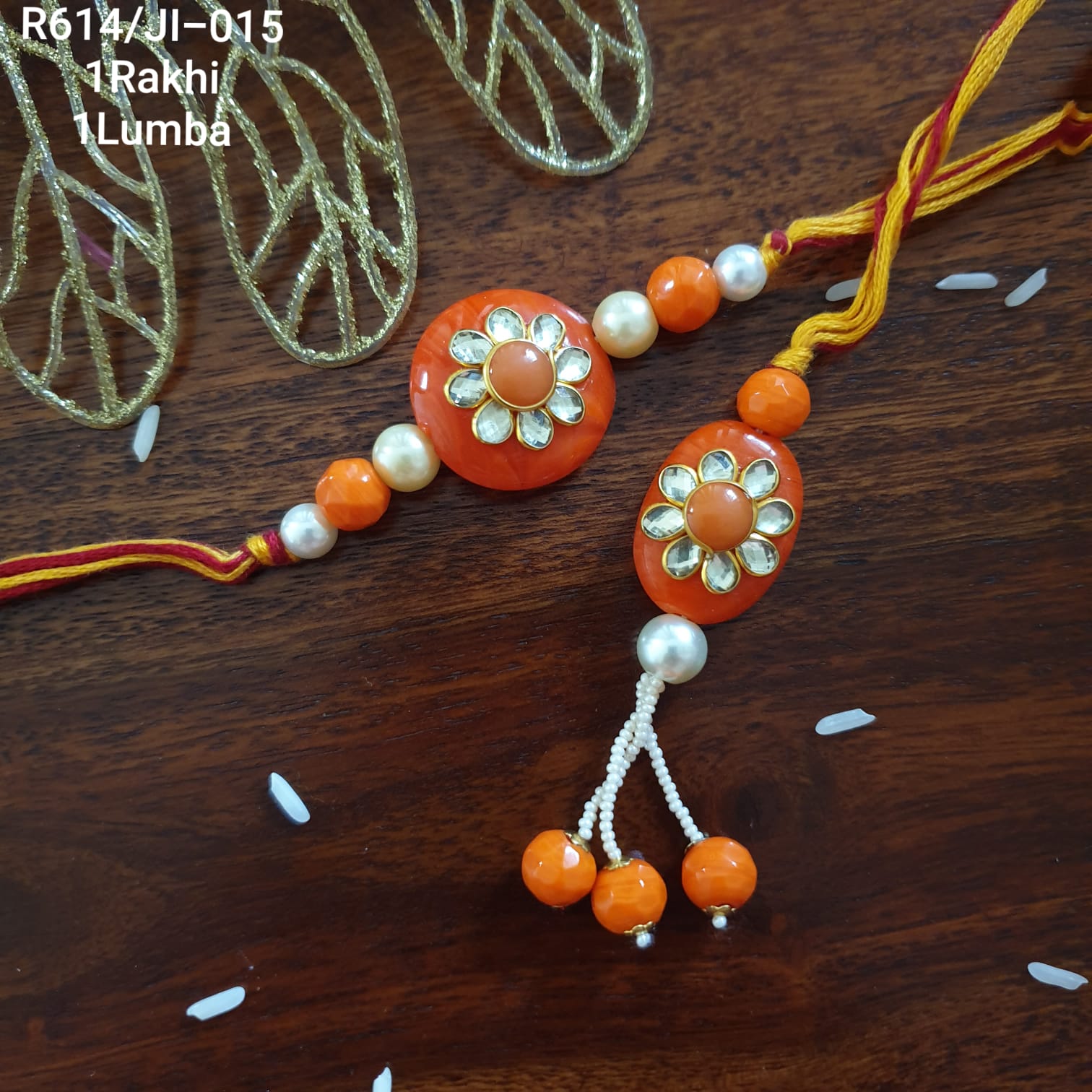Orange Kundan Pacchi Bhaiya Bhabhi Rakhi Set