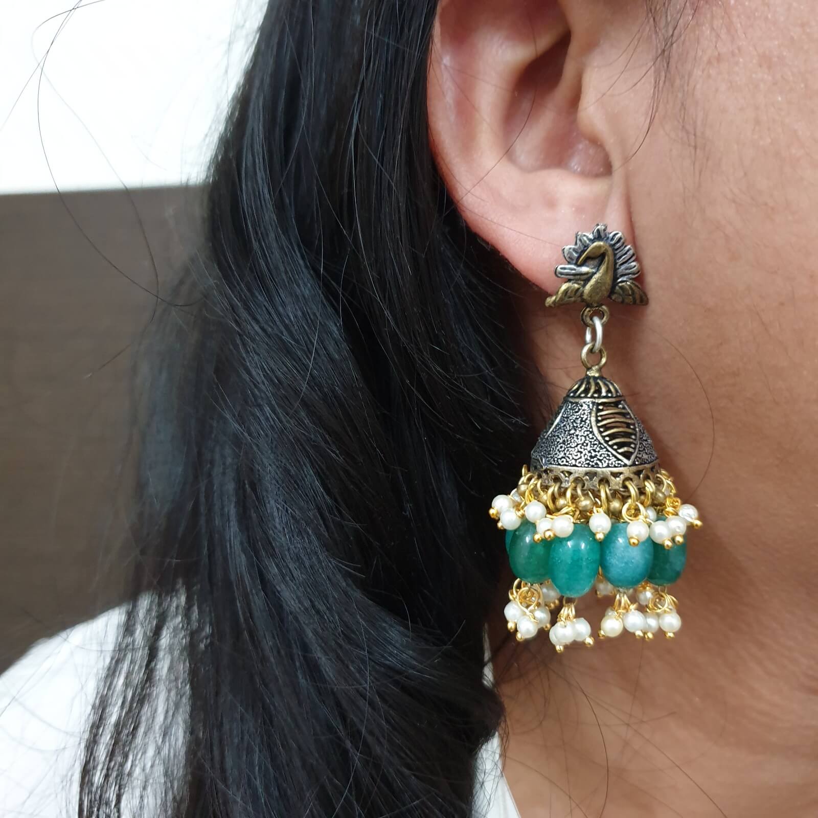 Oxidized Peacock Design & Green Stone Stud Jhumki