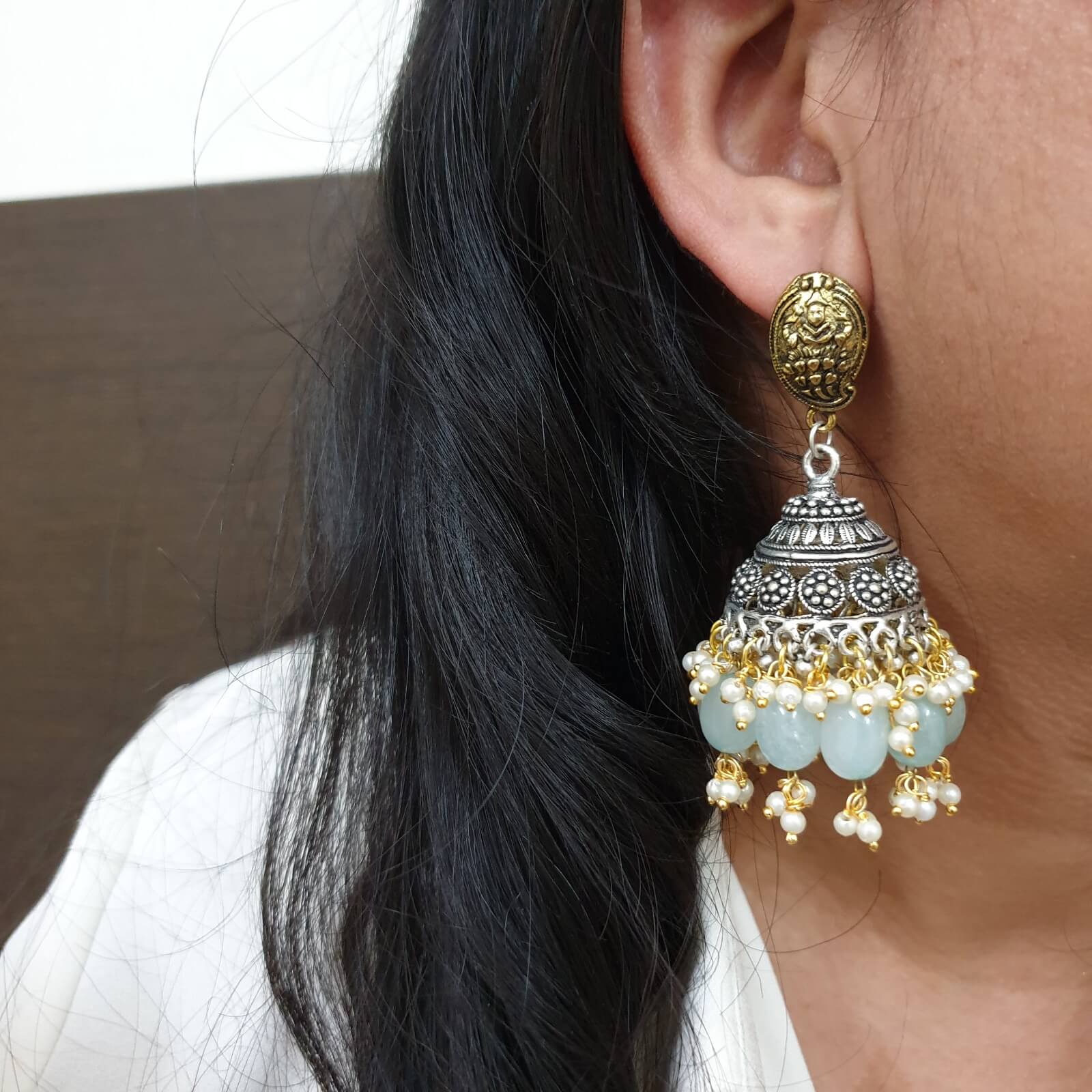 Temple Design & Turquoise Stone Stud Jhumki