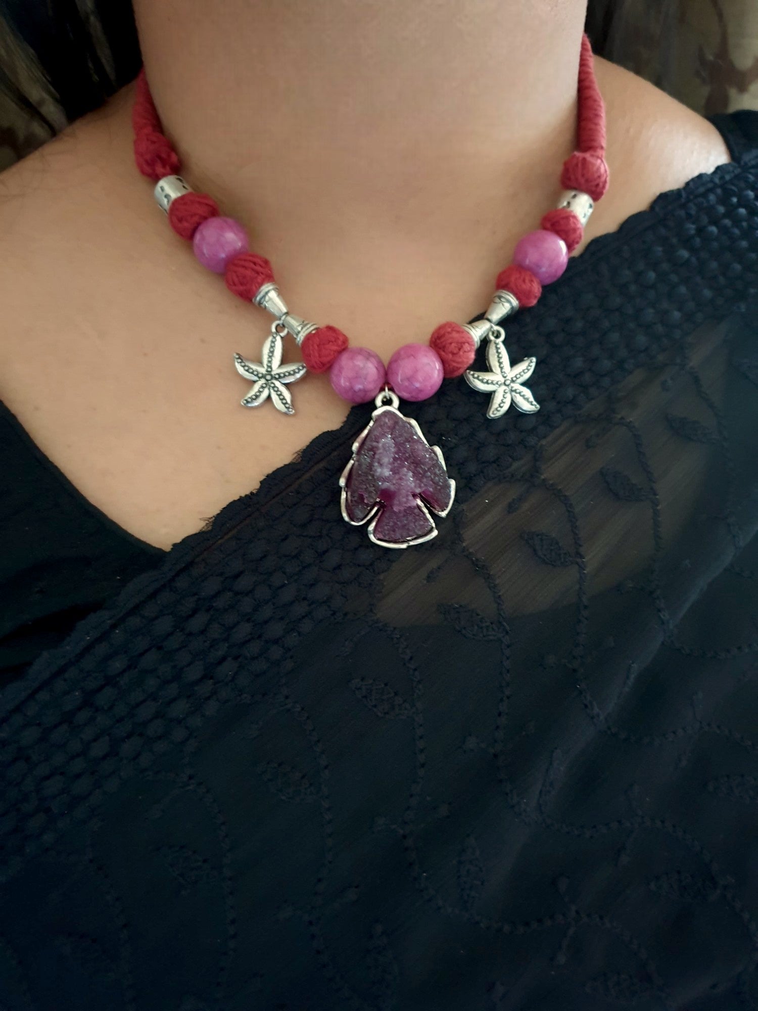 Purple Stone Pink Beads Oxidised Silver Necklace