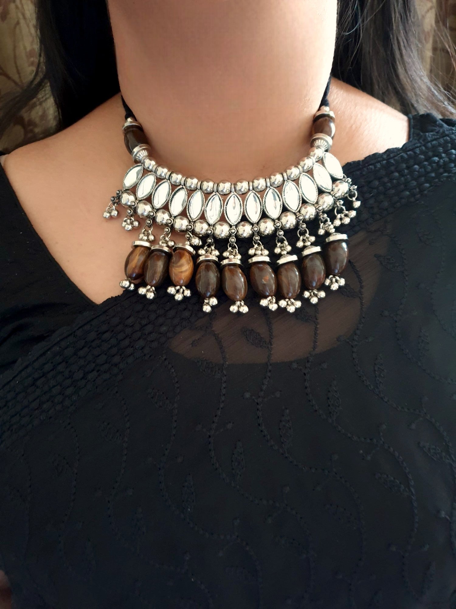 Oxidised Silver Brown Bead Choker Mirror Necklace