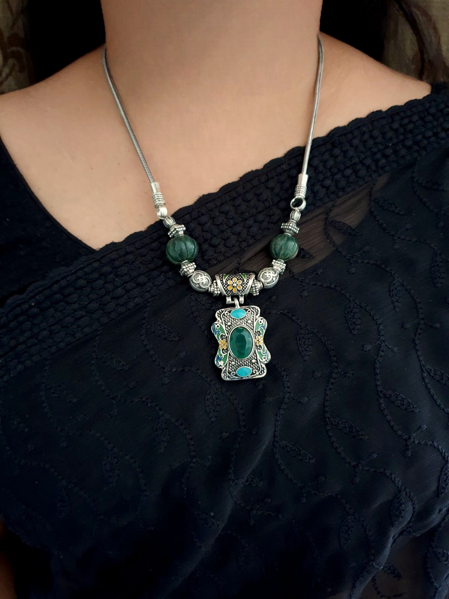 Green Stone Oxidized Necklace With Earrings