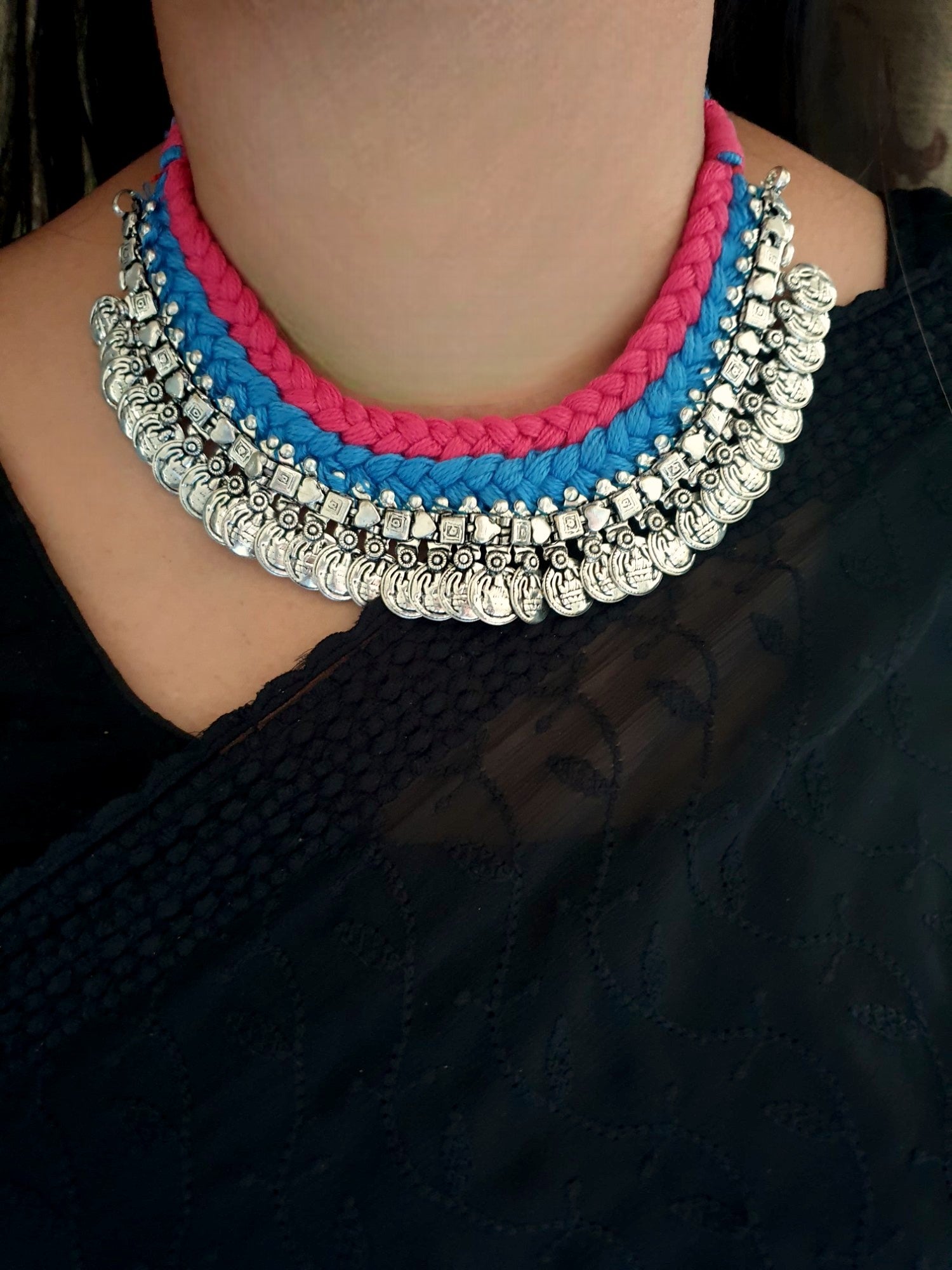 Oxidised Silver Pink Blue Thread Necklace