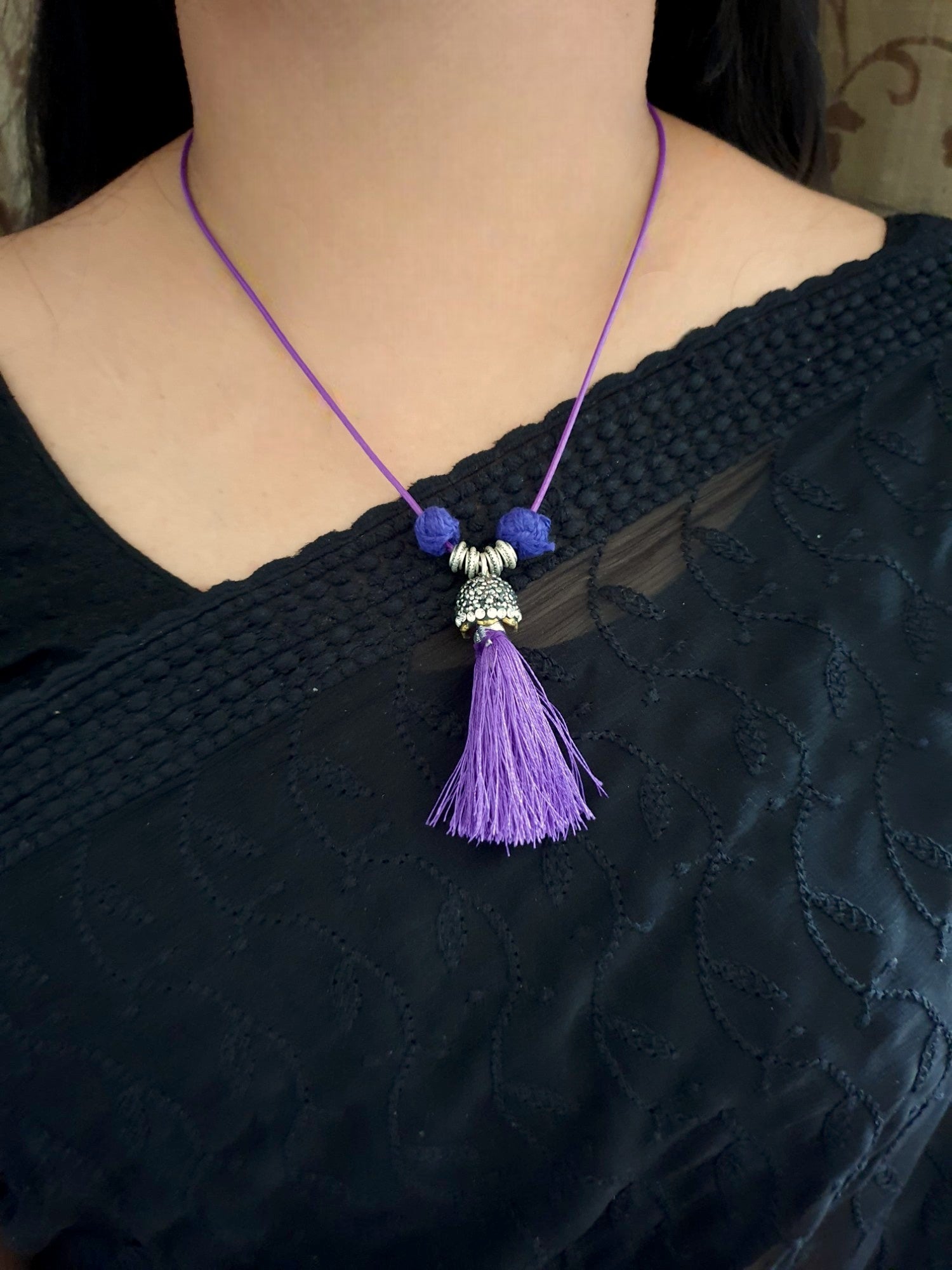 Purple Oxidised Silver Necklace With Earrings