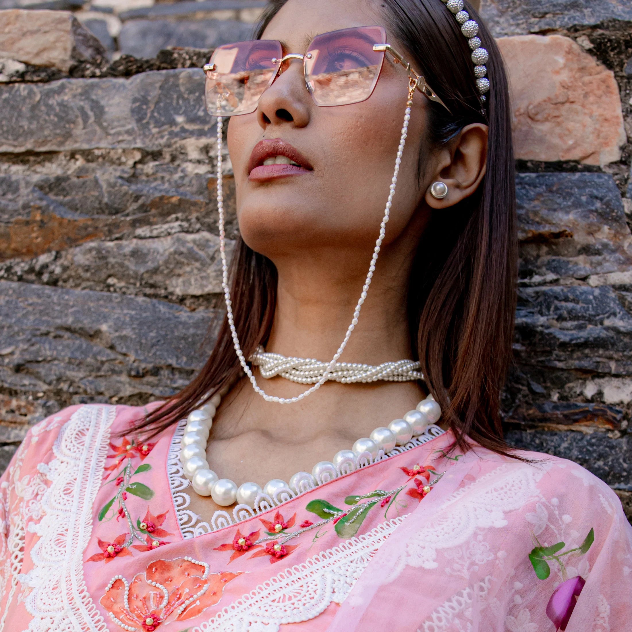 Multi Layer Pearl Choker and Necklace With Specs Holding Pearl Chain