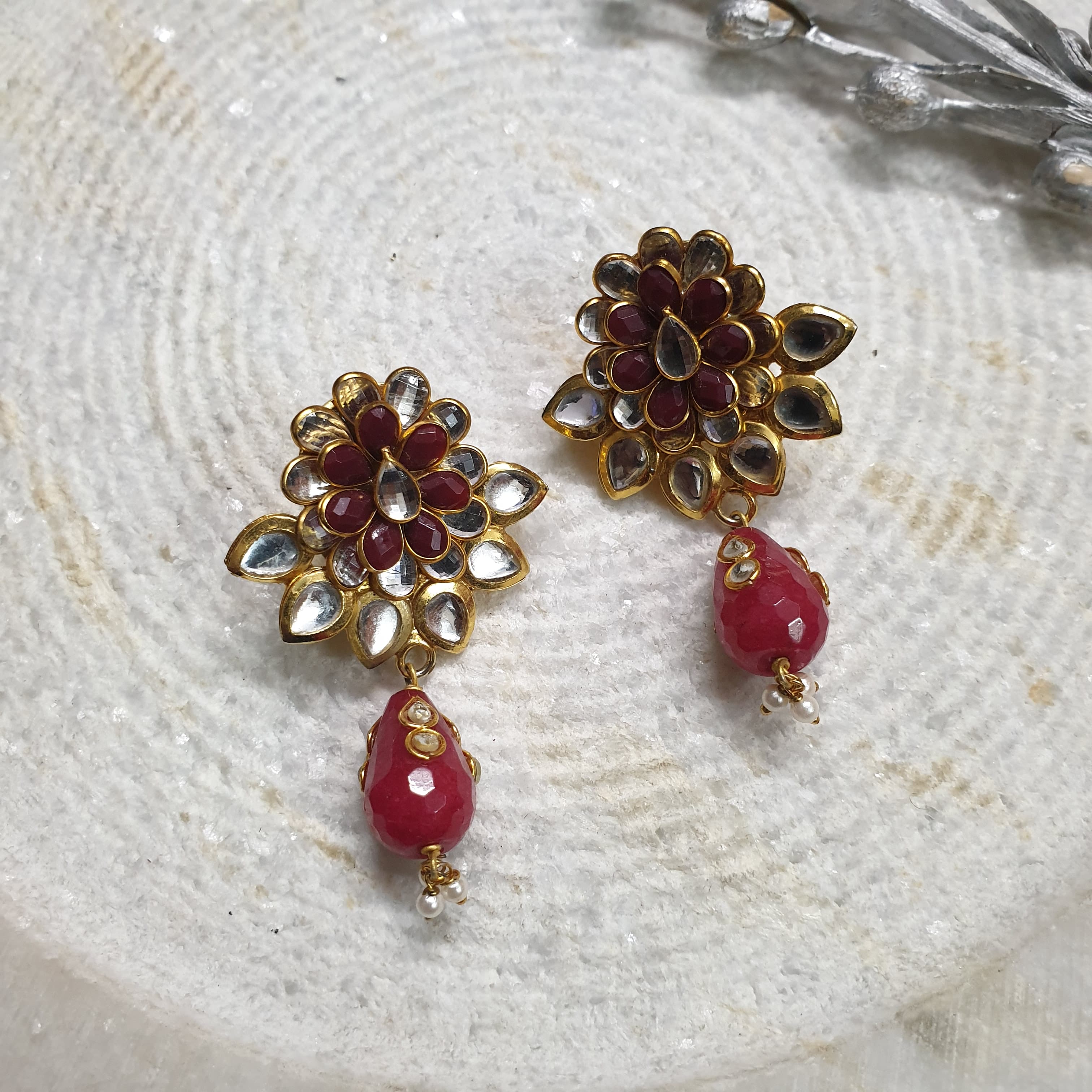 22k Gold Plated Red Floral Paachi Kundan Earrings