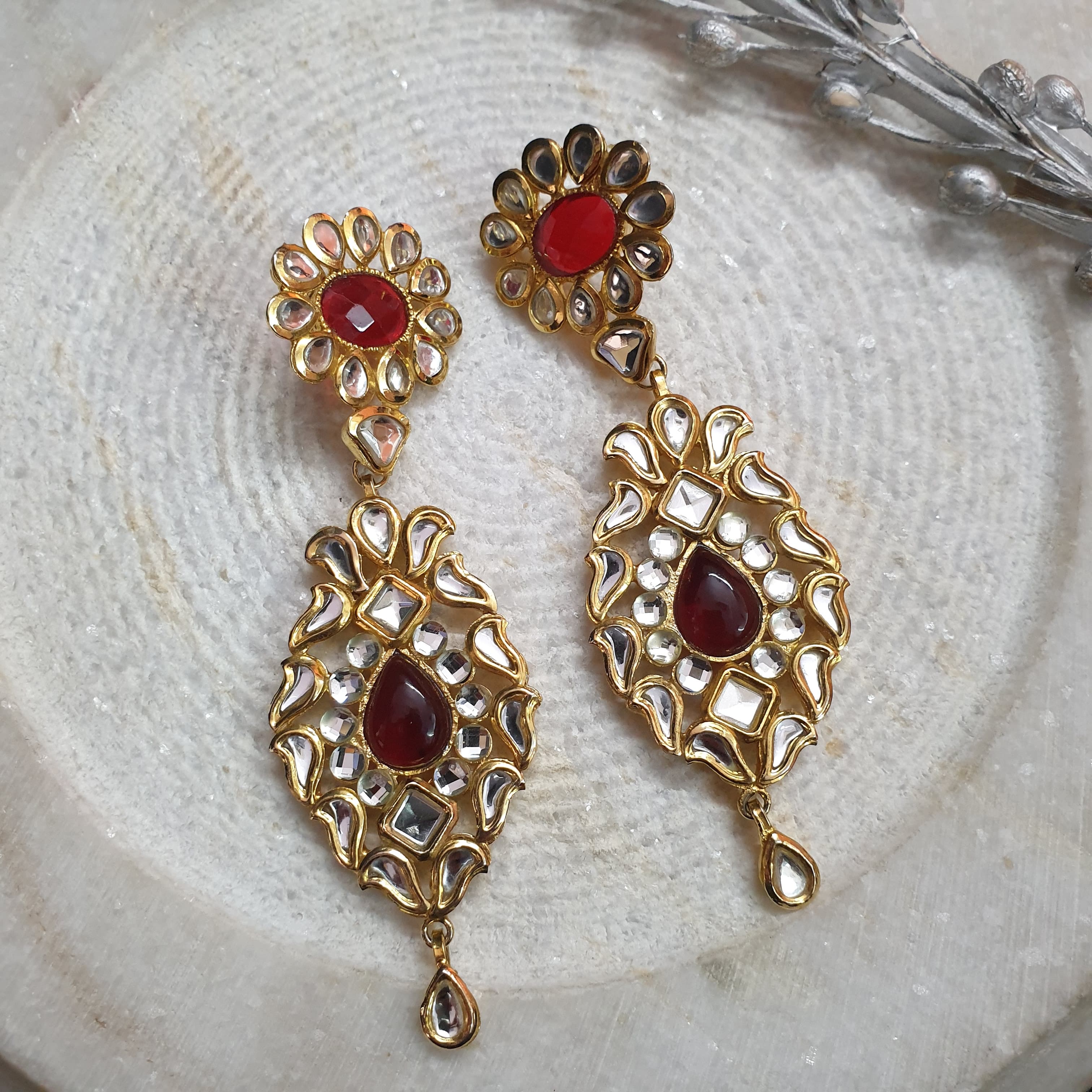 22k Gold Plated Red Stone Kundan Earrings