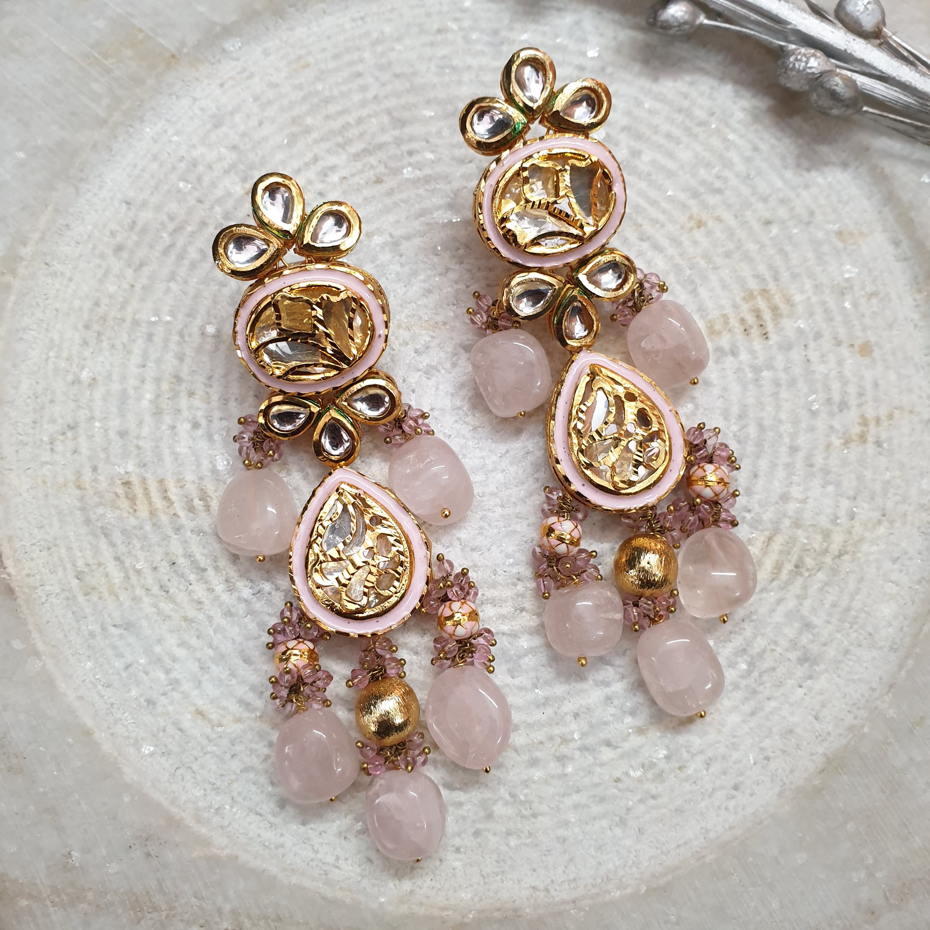 Rose Quartz Kundan Meenakari Party Wear Earrings
