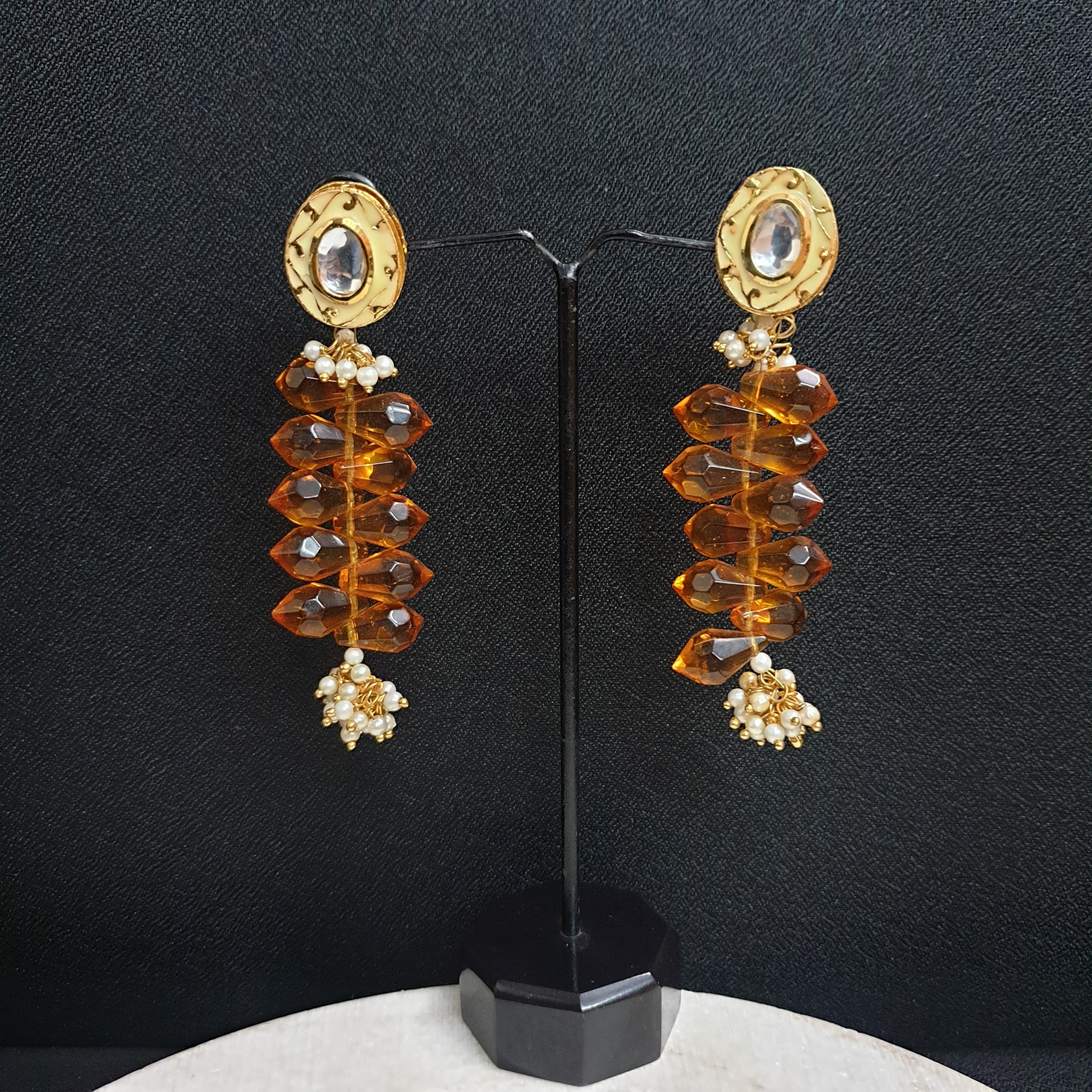 Mustard Beaded Kundan Earrings