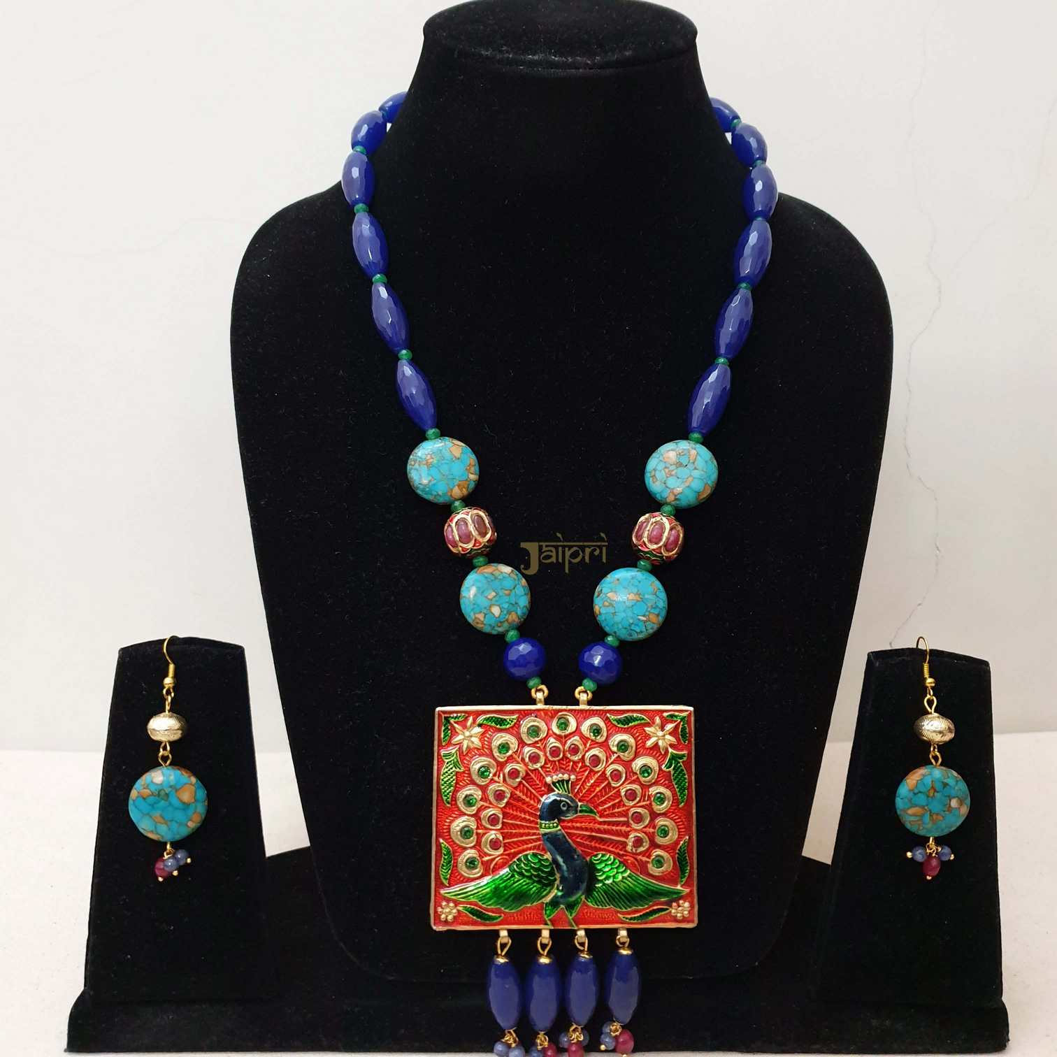 Blue & Turquoise Stone Peacock Meenakari Pendant With Earrings