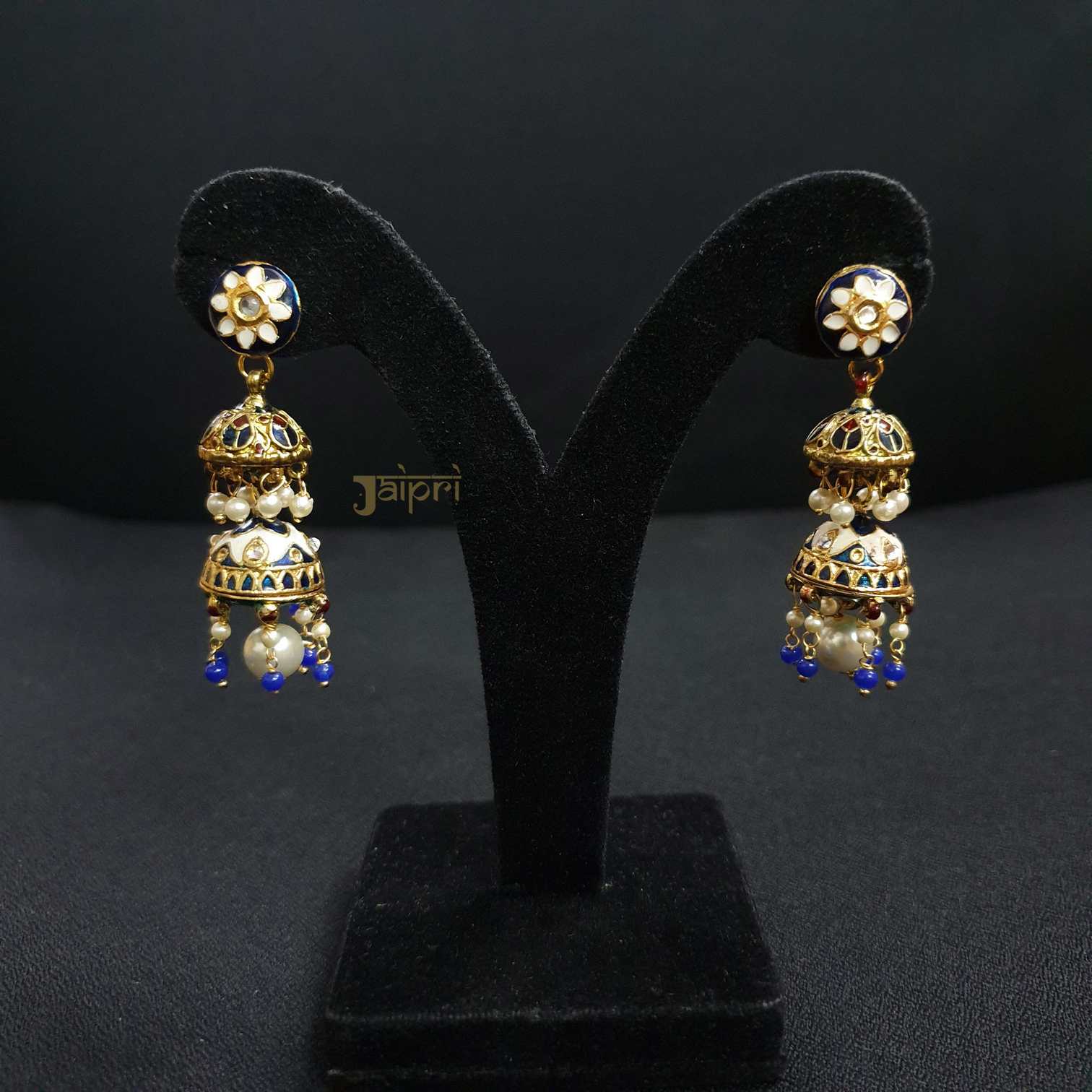 Pearl Beads & Blue Meenakari Floral Design Earrings