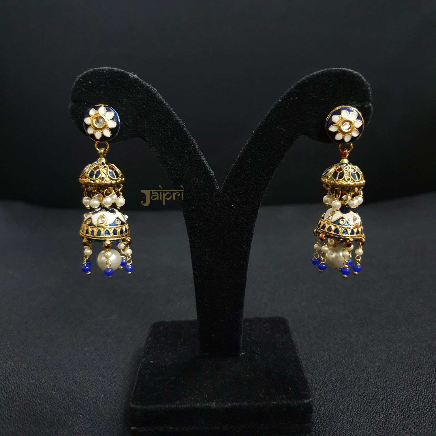 Blue Meenakari Floral Jhumki Pearl Earrings