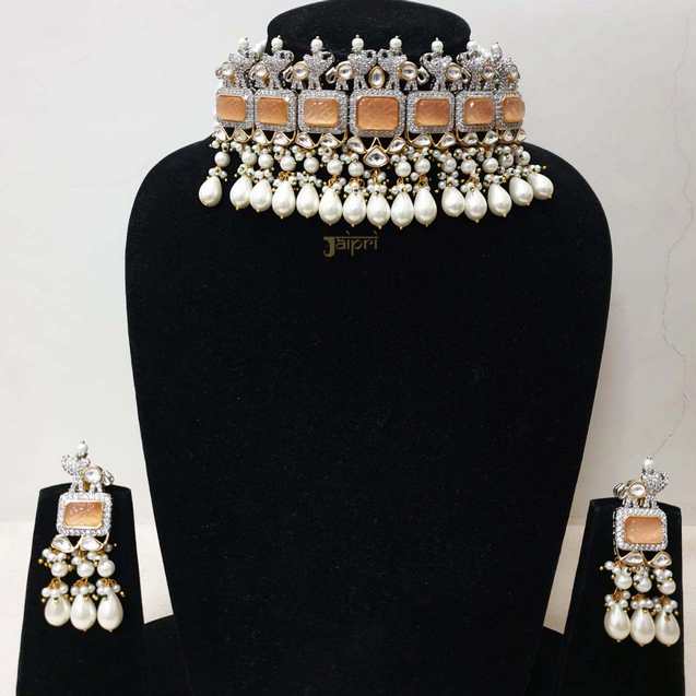Designer Peach Stone Kundan Necklace With Earrings