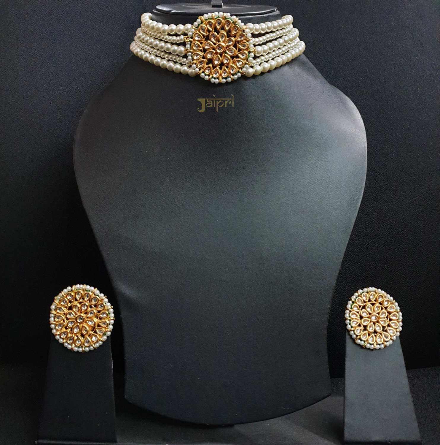 Pearl & White Kundan-Jadau Stone Choker With Earrings