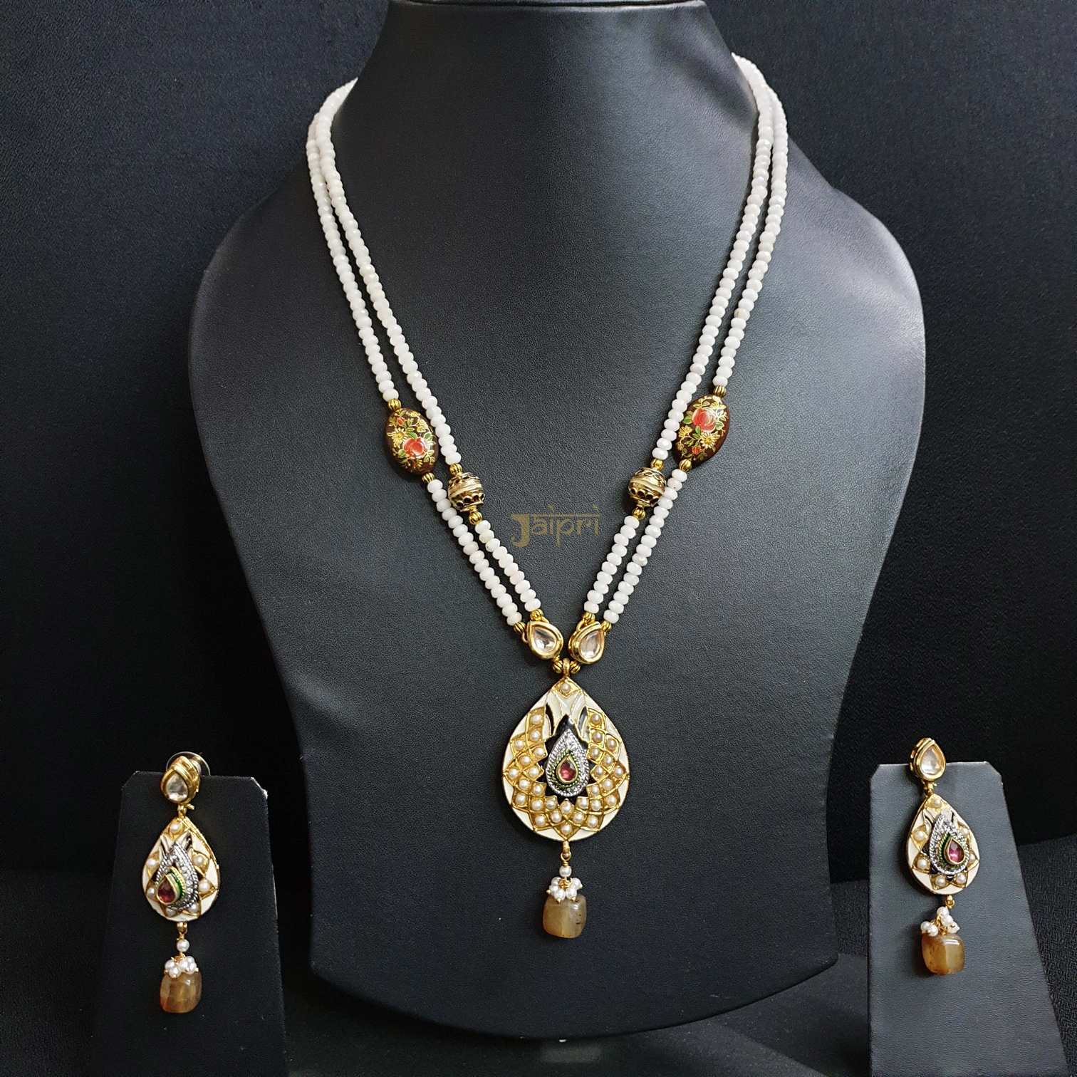 Tear-Drop Fusion Meenakari Pendant With Earrings