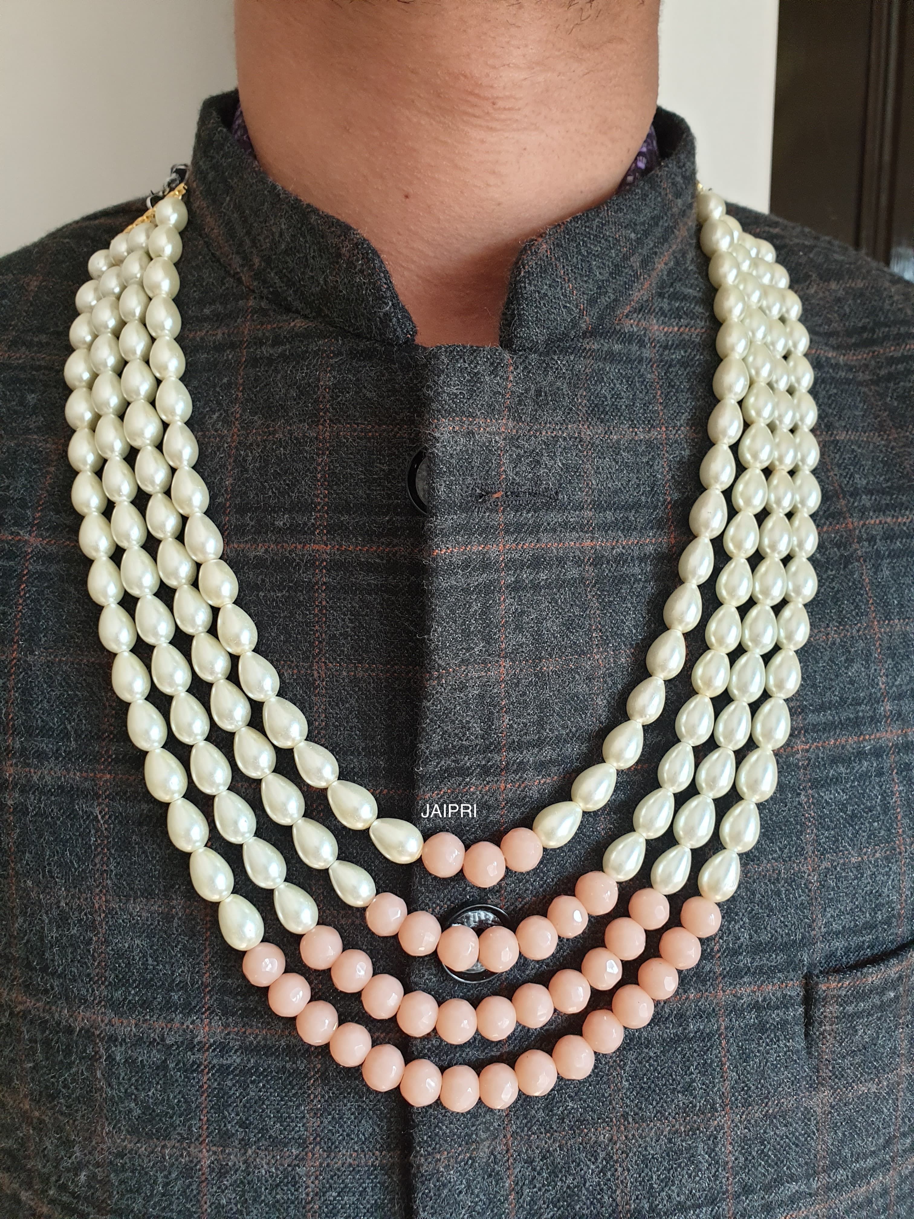 Four Layered Pearl And Peach Beads Groom Necklace