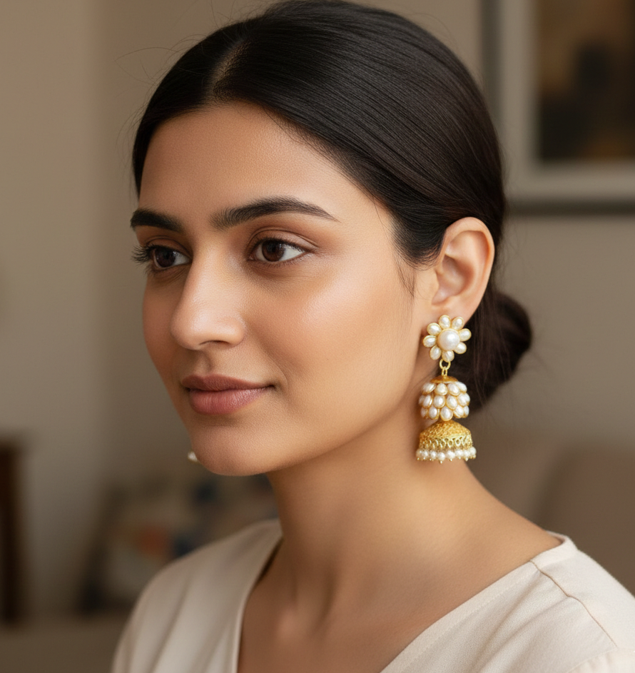 Pearl Floral Golden Jhumka Earrings