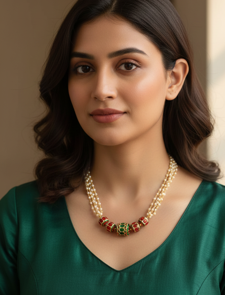 Jadau Stone Beads Pearl Layered Mala