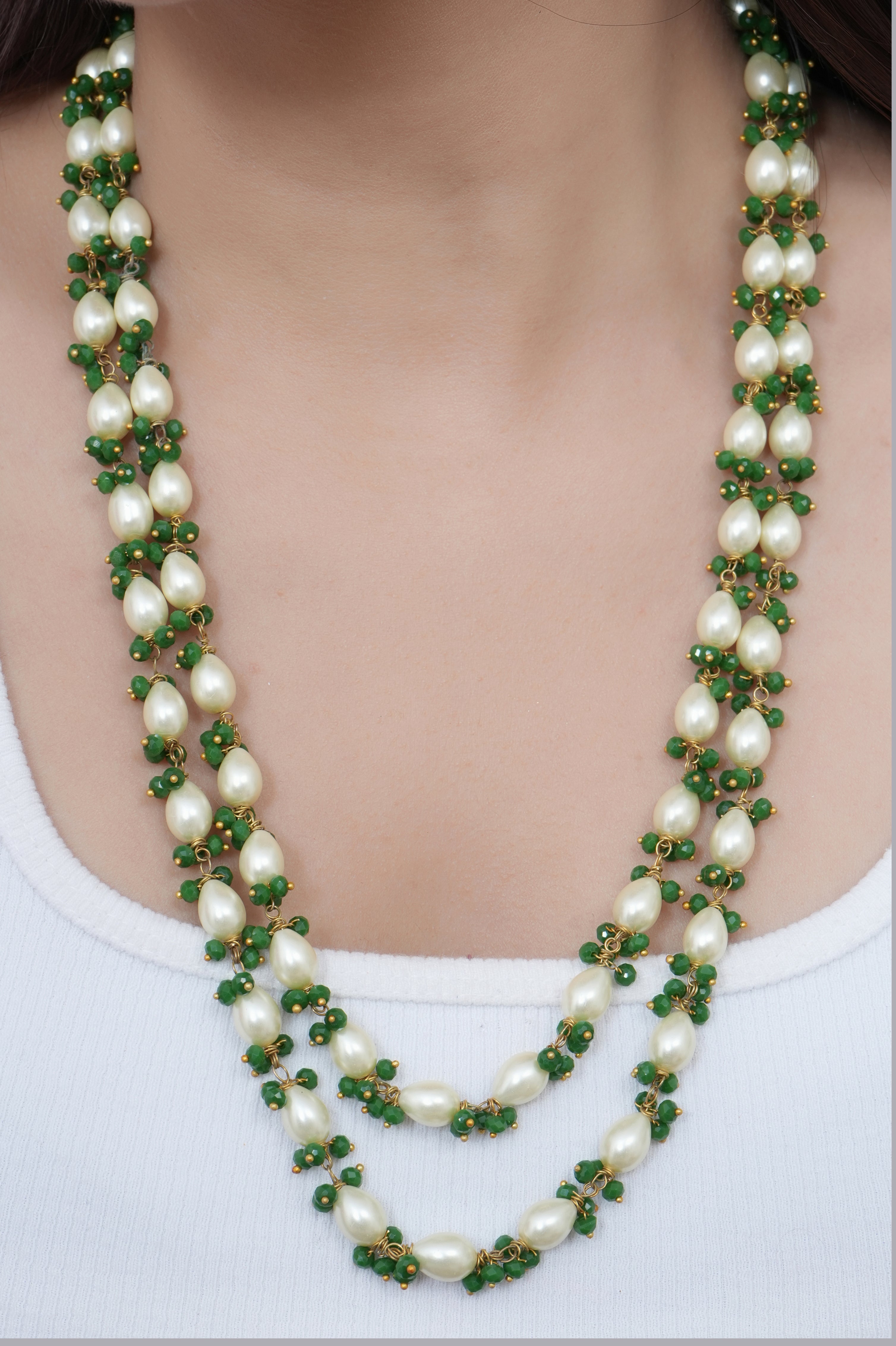 Pearl Drops and Green Beaded Necklace