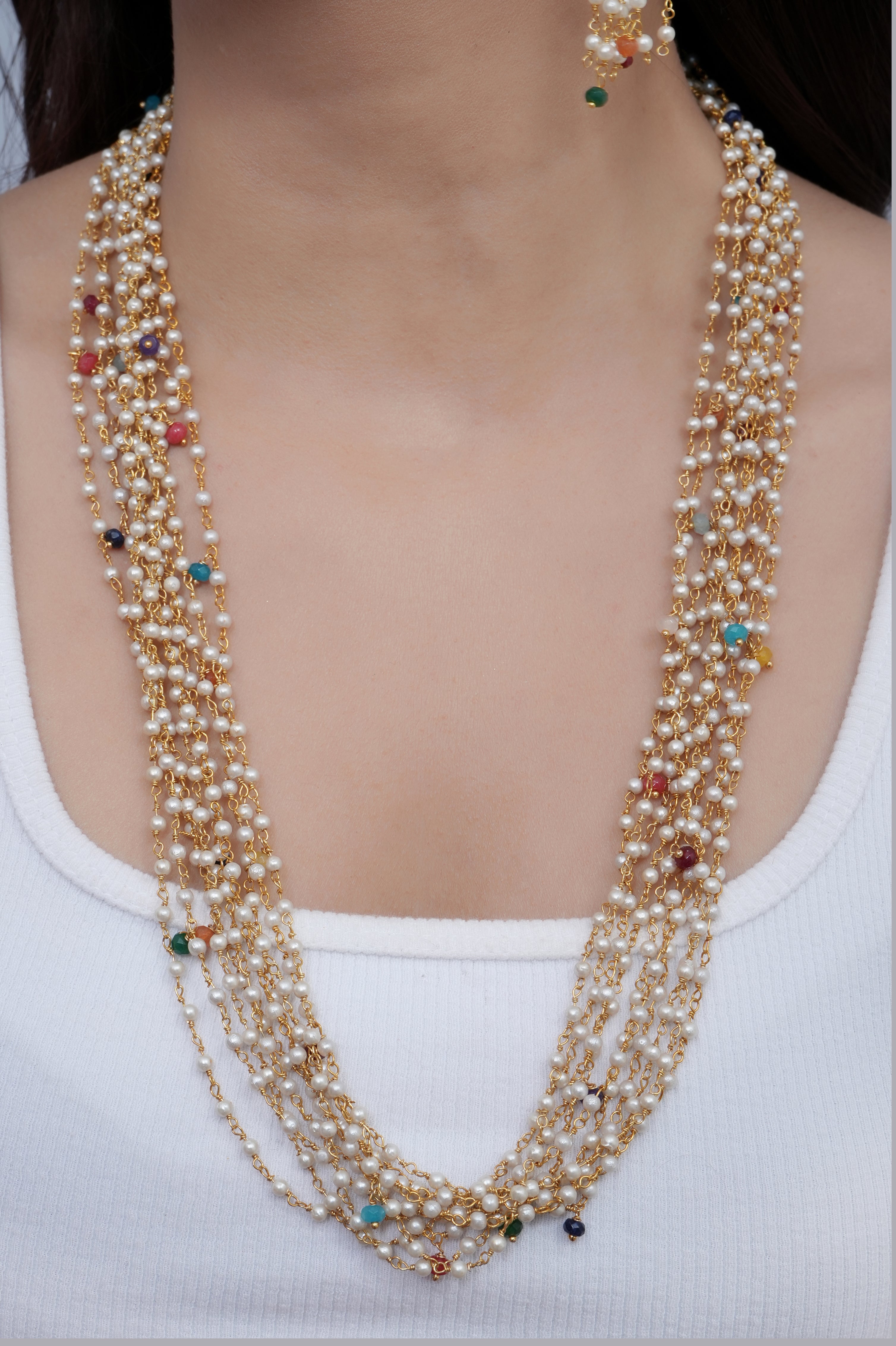 Multi Color Small Pearl Beaded Necklace With Earrings