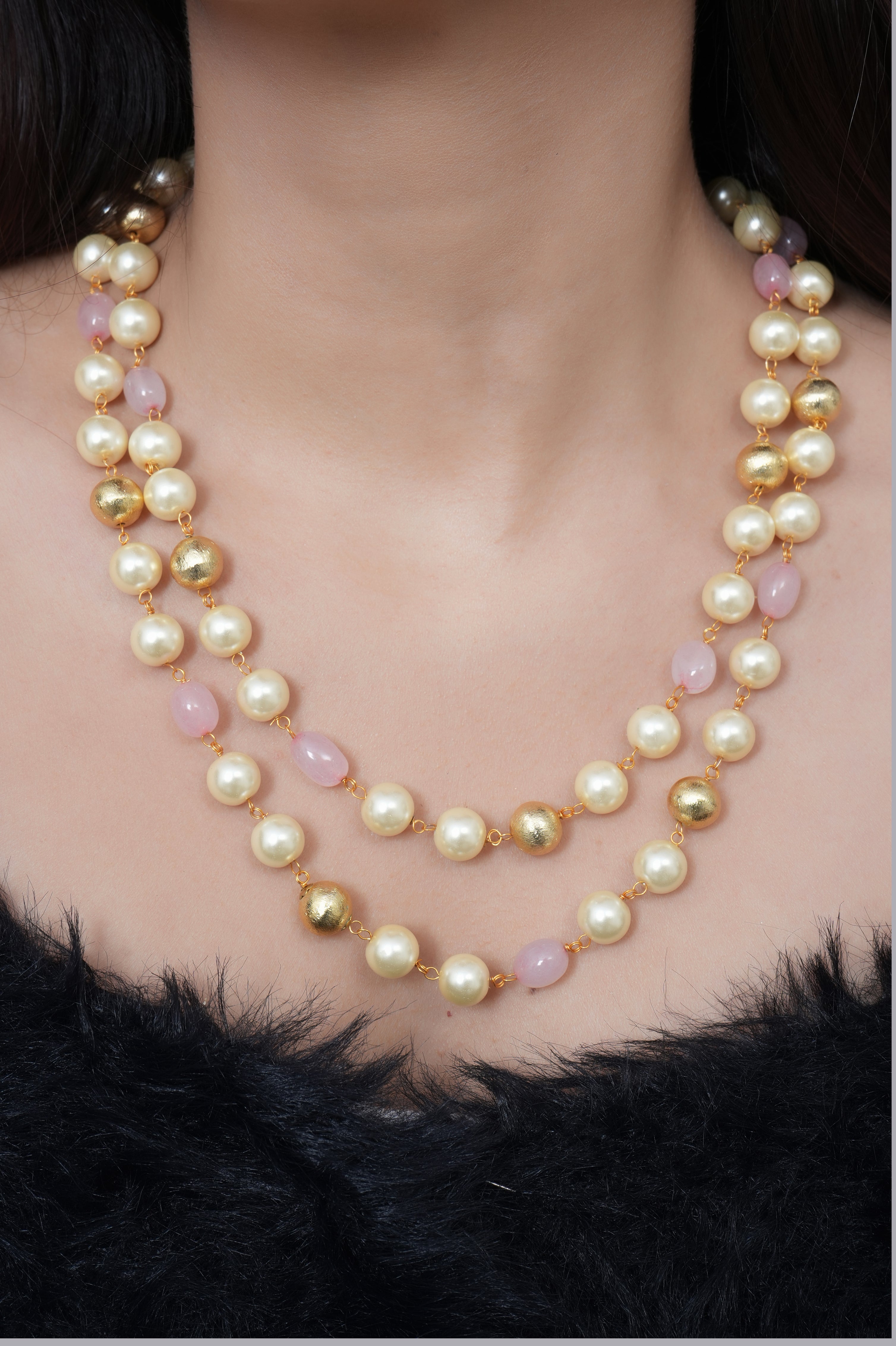 Pink Stone and Pearl Beaded Necklace