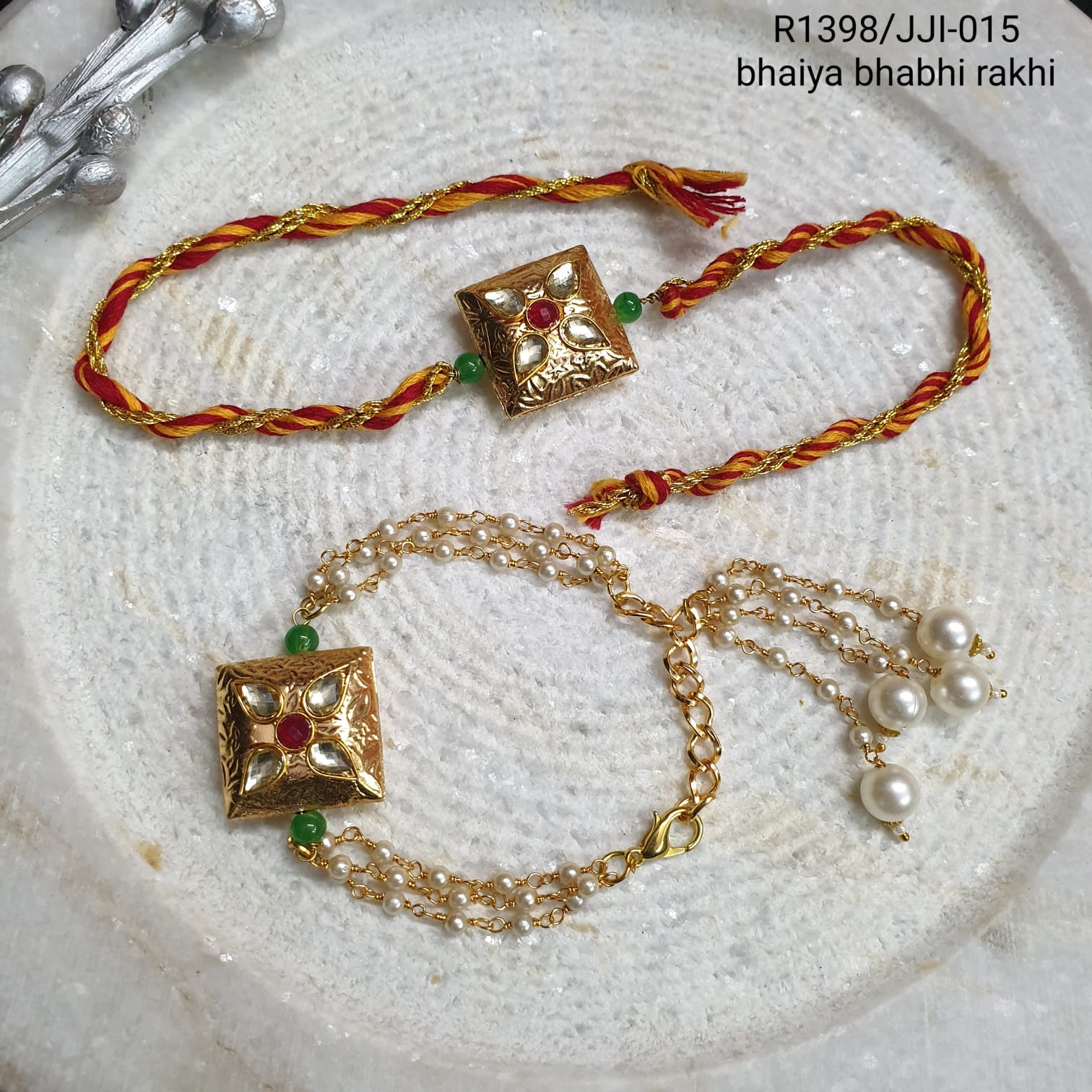 Gold Tone Kundan Pearl rakhi For Rakshabandhan