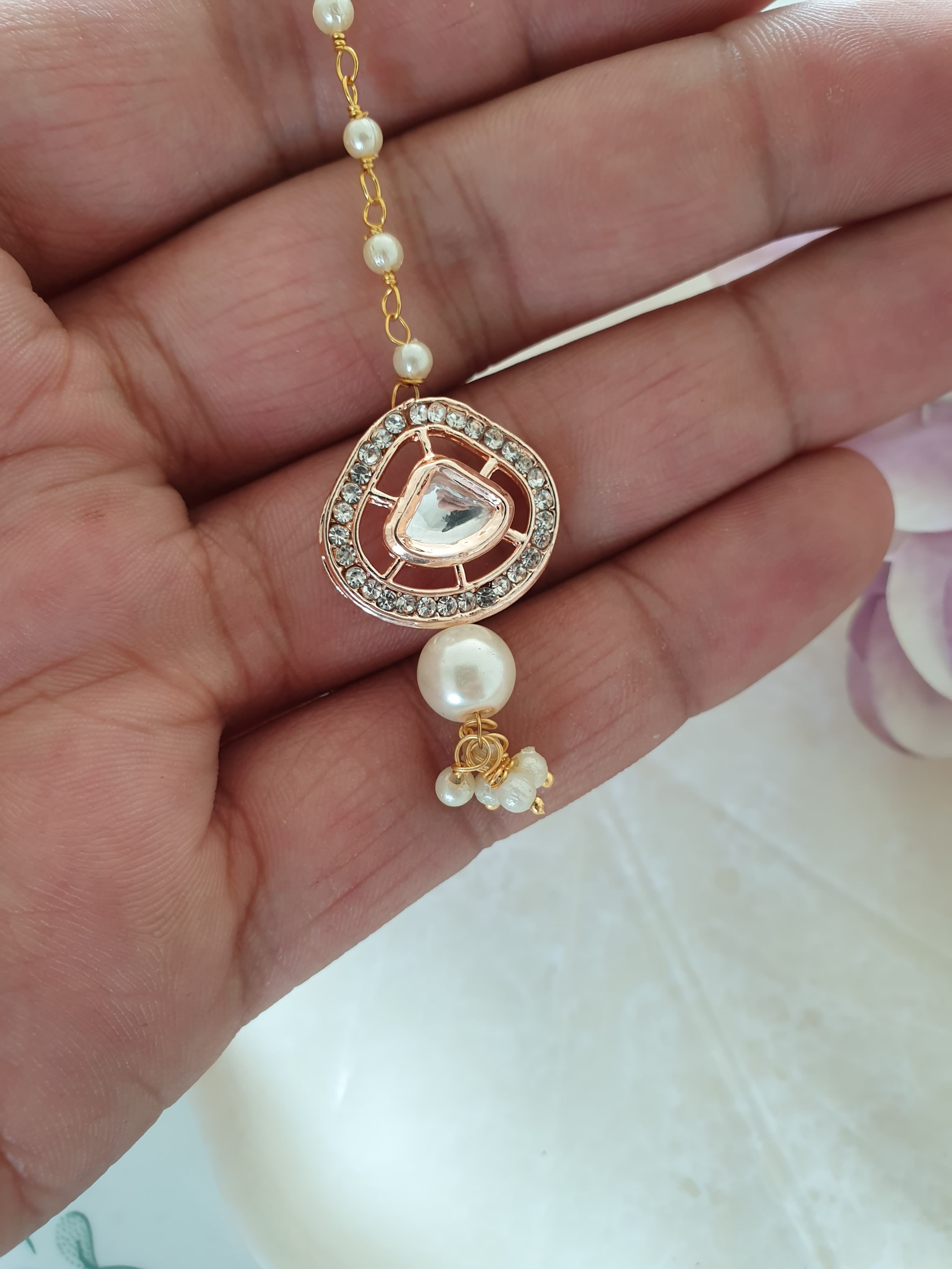 Rose Gold Kundan Polki Pearl Beaded Maang Tikka
