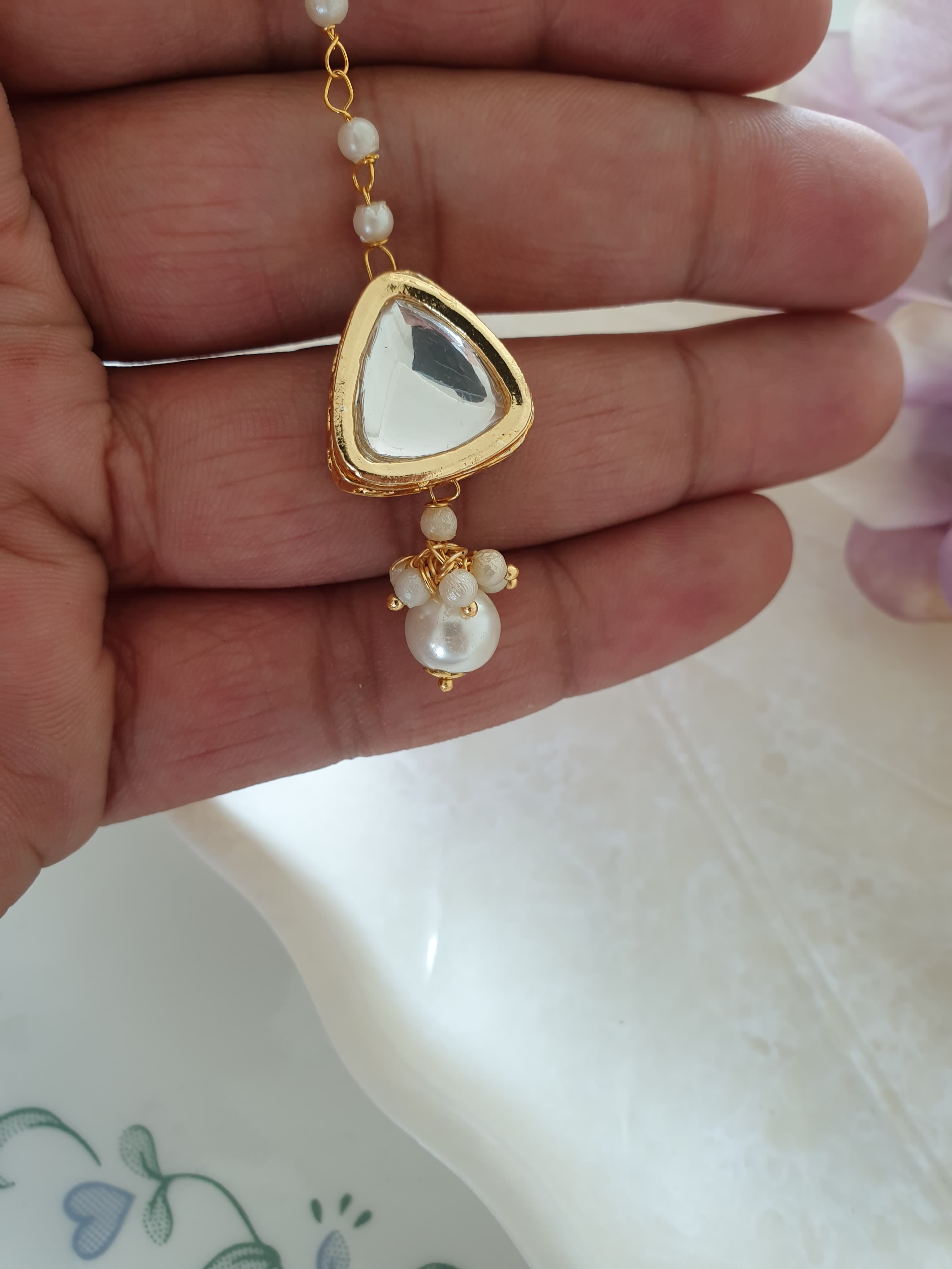 Triangle Kundan and Pearl Stone Maang Tikka