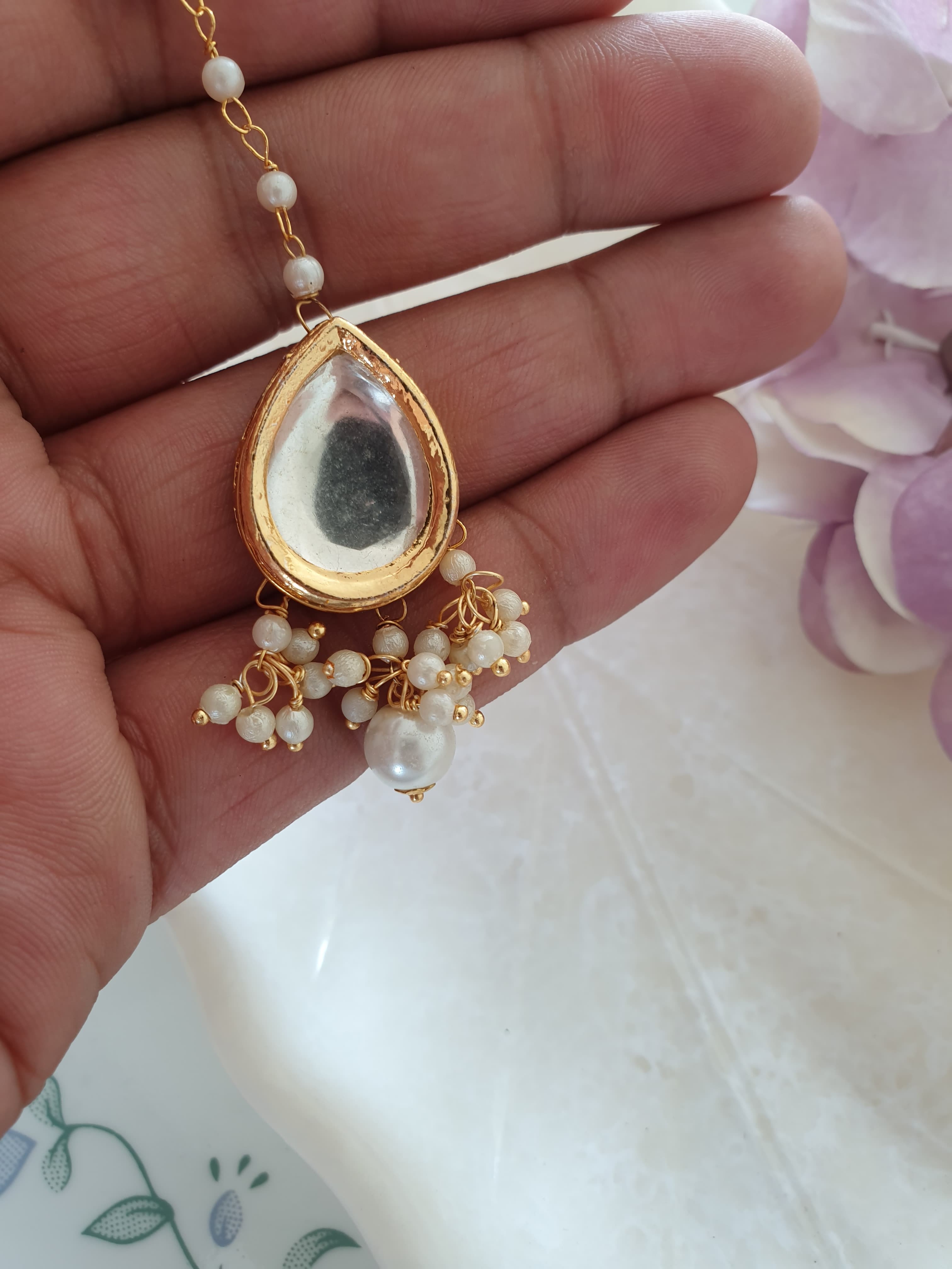 Teardrop Kundan Meenakari Pearl Beaded Maang Tikka