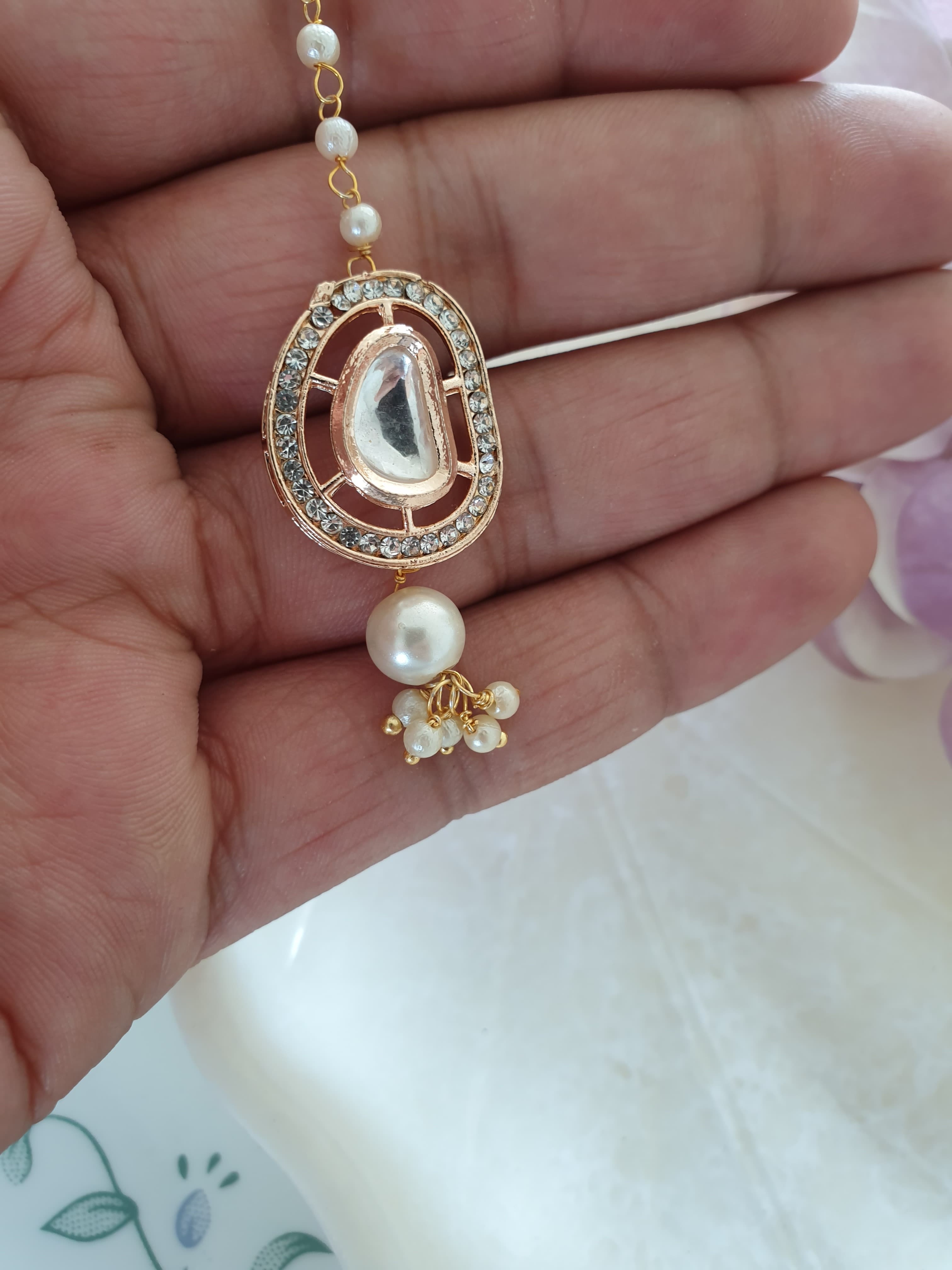 Rose Gold Premium Kundan Polki Pearl Beaded Maang Tikka