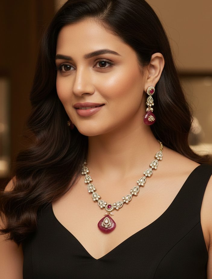 Red Stone Premium Kundan Small Pendant Set
