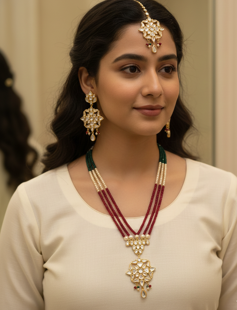 22k Gold Plated Kundan Set With Earrings and Maang Tikka