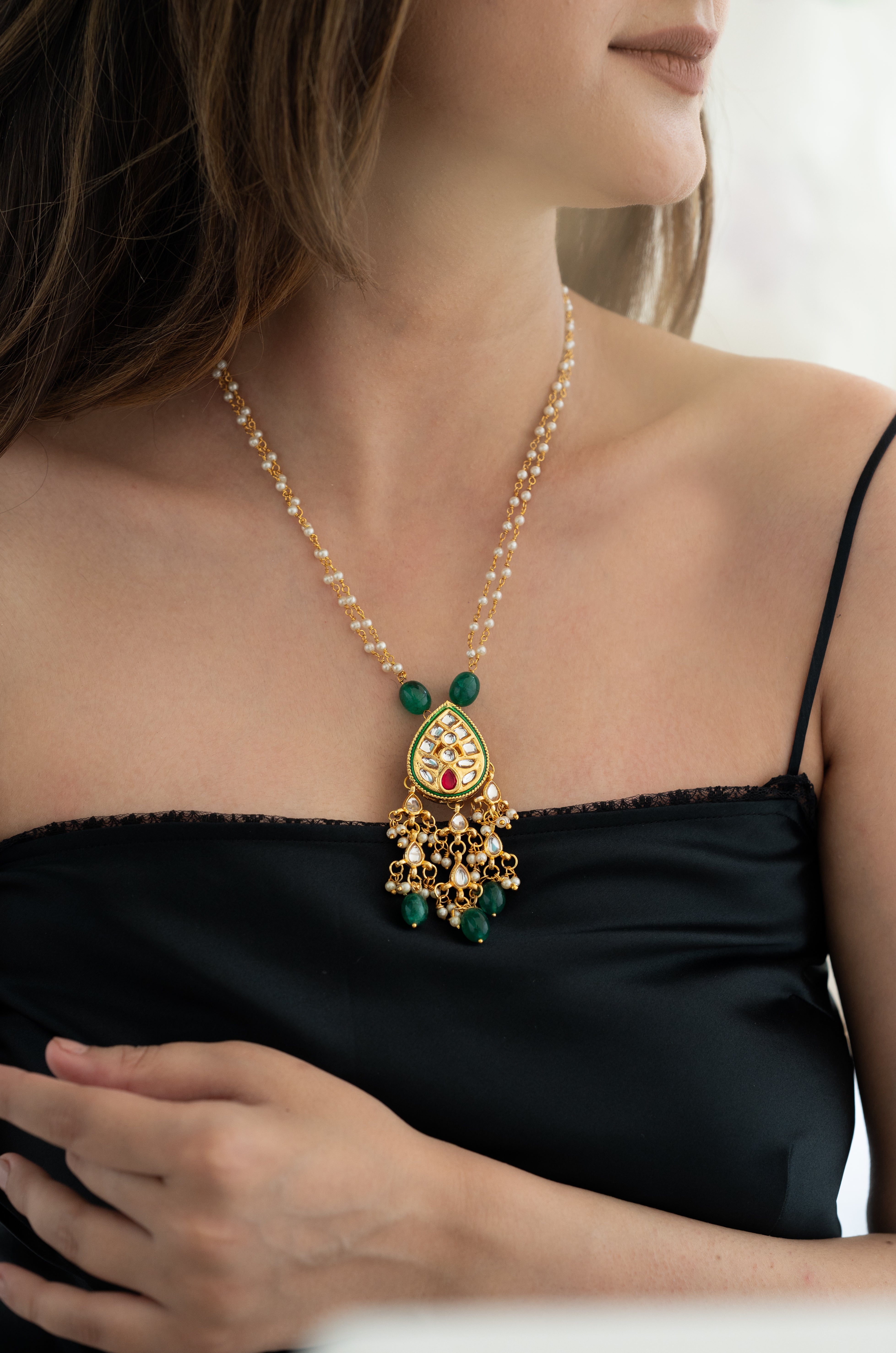 Designer Pearl Beaded Kundan Pendant Set