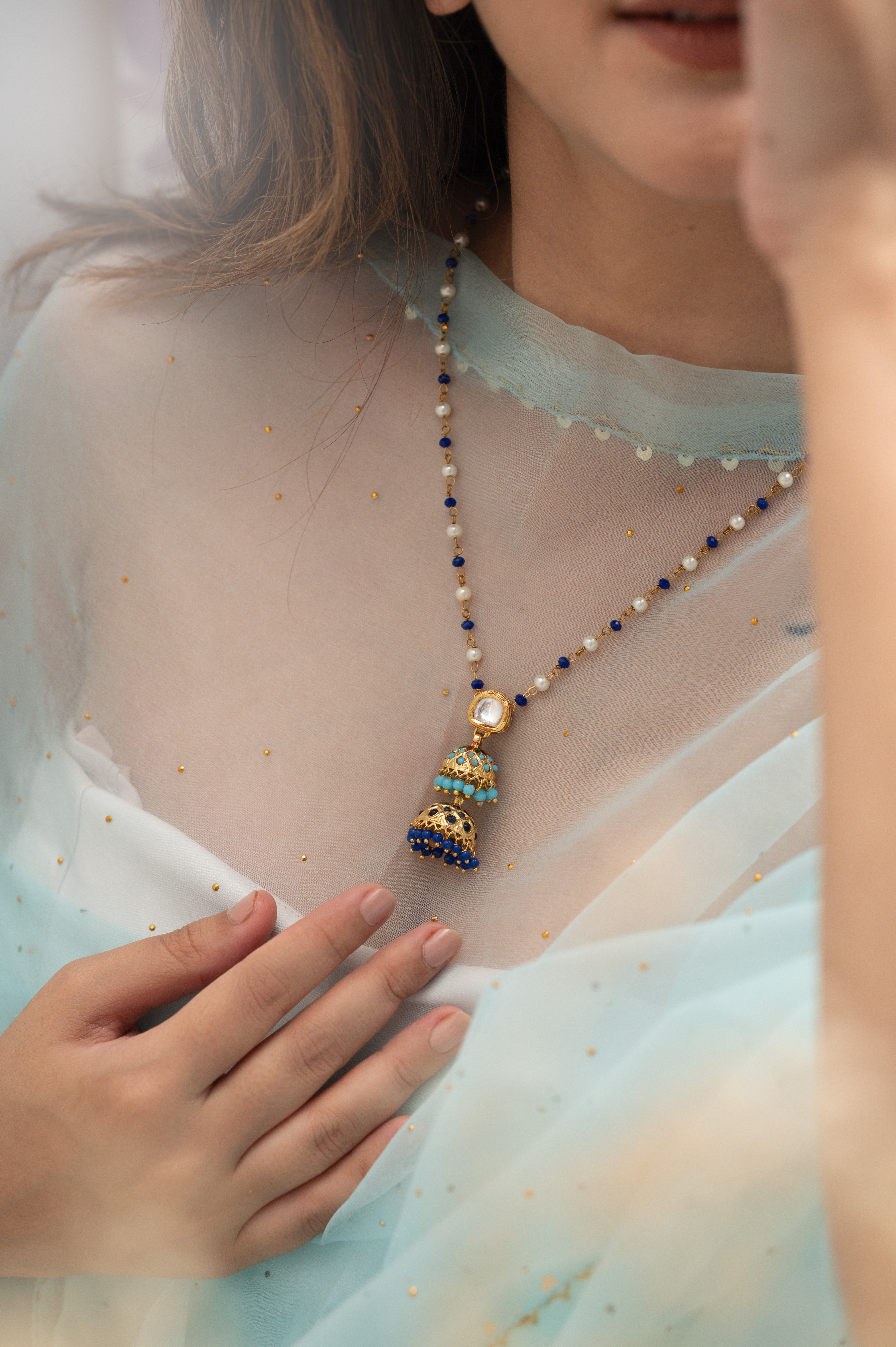 Turquoise and Dark Blue Jhumki Kundan Pendant Set